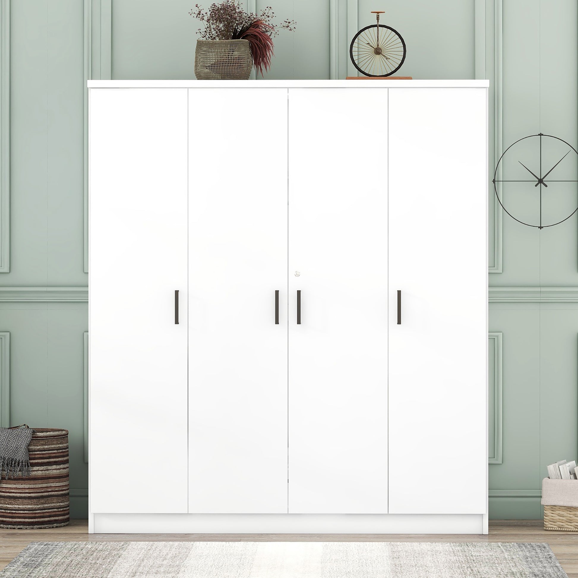 4 Door Wardrobe With 1 Drawer, White Hinged White White Shelf 1 Drawer Bedroom Ball Bearing Glides Contemporary 4 Lockable Mdf