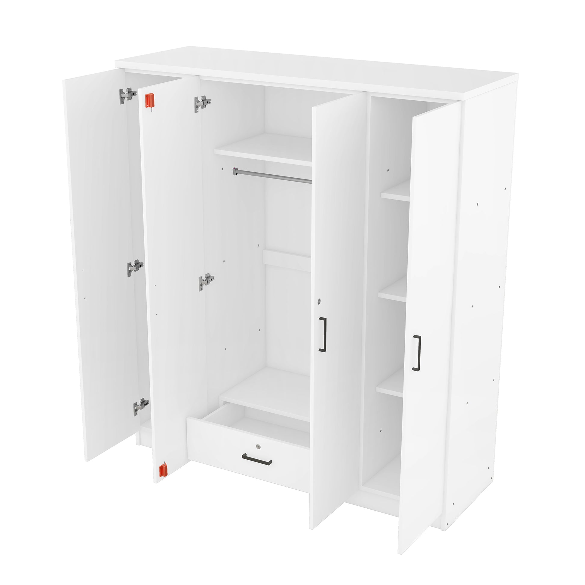 4 Door Wardrobe With 1 Drawer, White Hinged White White Shelf 1 Drawer Bedroom Ball Bearing Glides Contemporary 4 Lockable Mdf