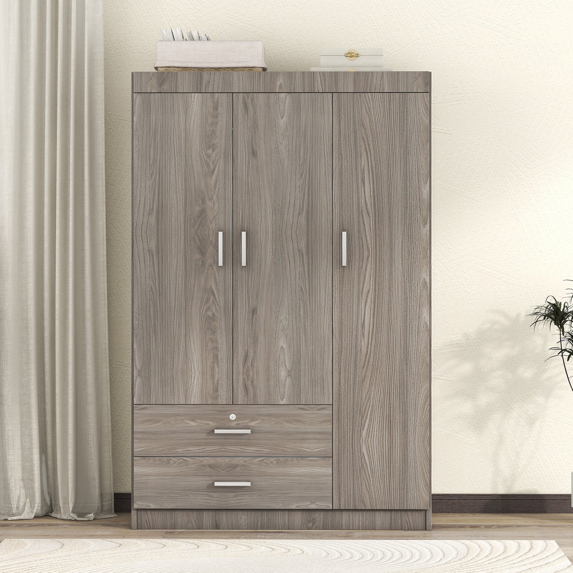 3 Door Wardrobe With 2 Drawers, Wood Grain Effect In Gray Hinged Gray Gray Shelf 2 Drawers Bedroom Ball Bearing Glides Contemporary 3 Lockable Mdf