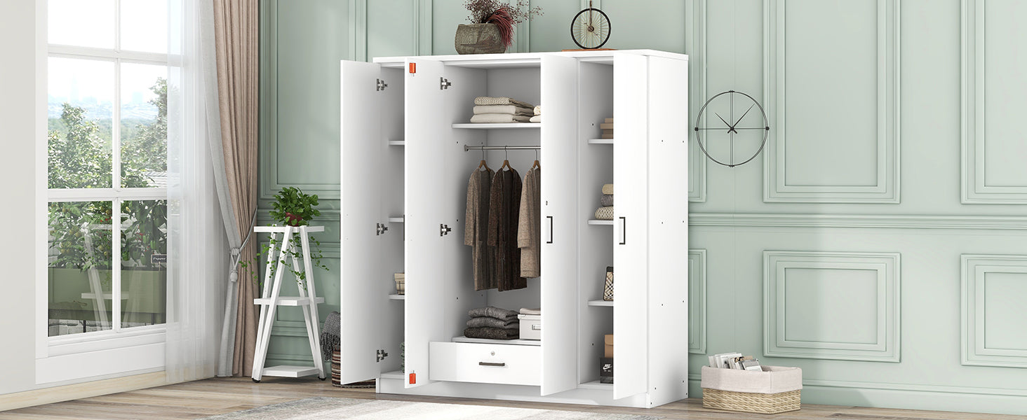 4 Door Wardrobe With 1 Drawer, White Hinged White White Shelf 1 Drawer Bedroom Ball Bearing Glides Contemporary 4 Lockable Mdf