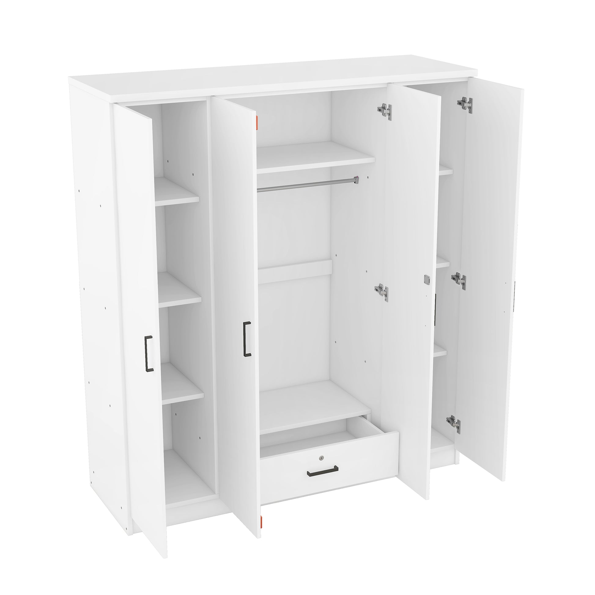 4 Door Wardrobe With 1 Drawer, White Hinged White White Shelf 1 Drawer Bedroom Ball Bearing Glides Contemporary 4 Lockable Mdf