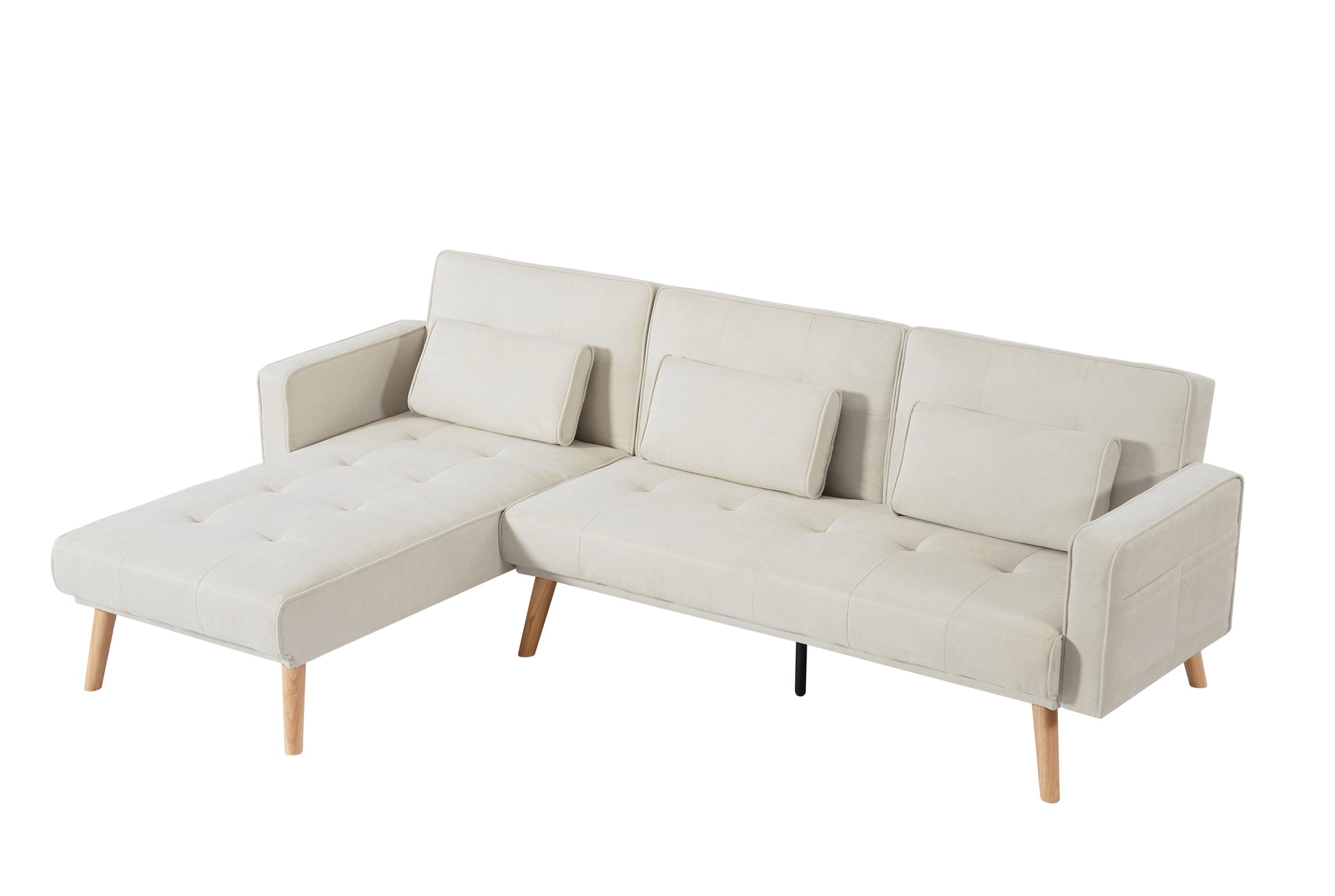 Convertible Sectional Sofa Sleeper, Left Facing L Shaped Sofa Counch For Living Room Ivory Foam Fabric