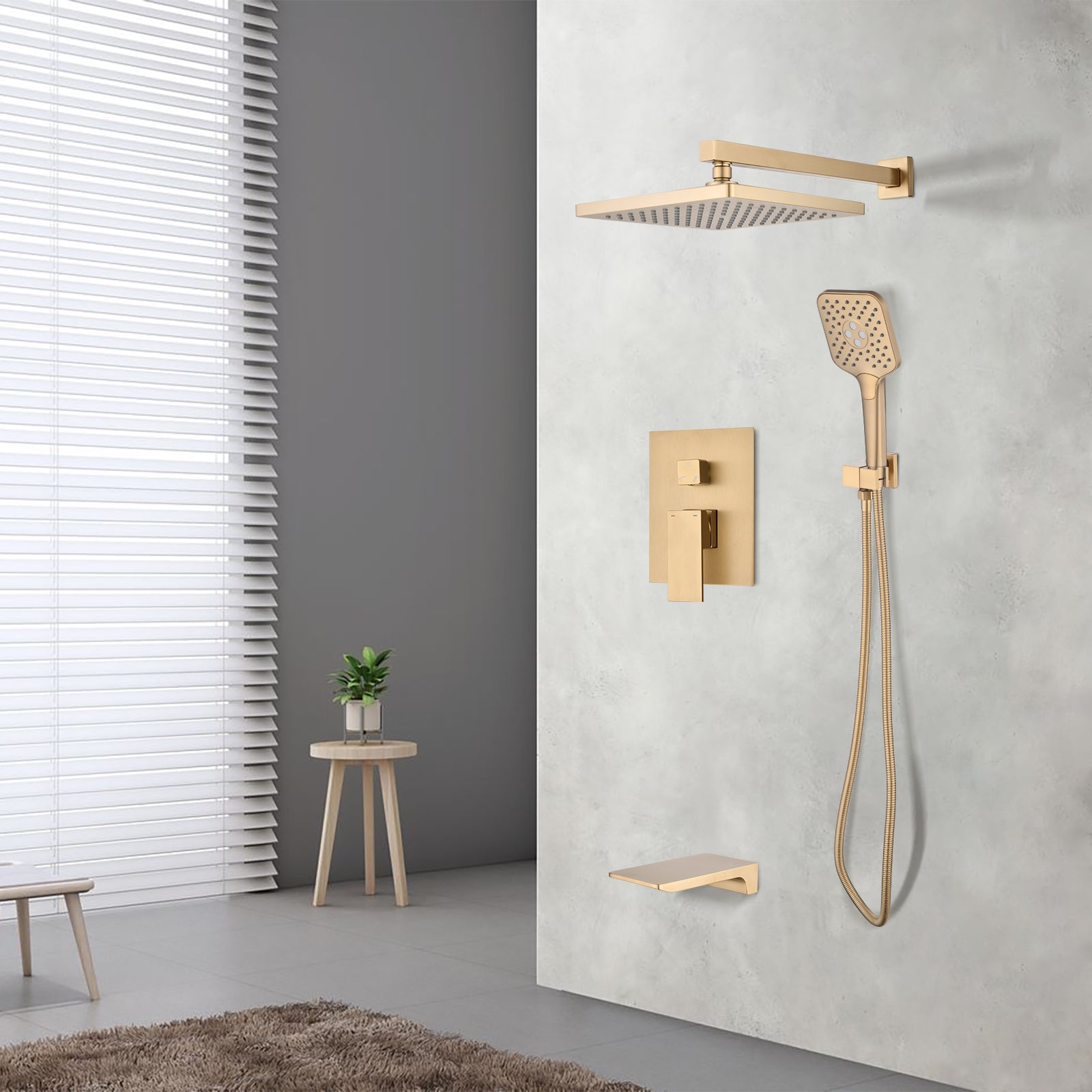 Shower Faucet Set, With Handheld Shower And Rainfall Shower Head Combination Set Wall Mounted Shower System With Tub Spout Brushed Gold Brass