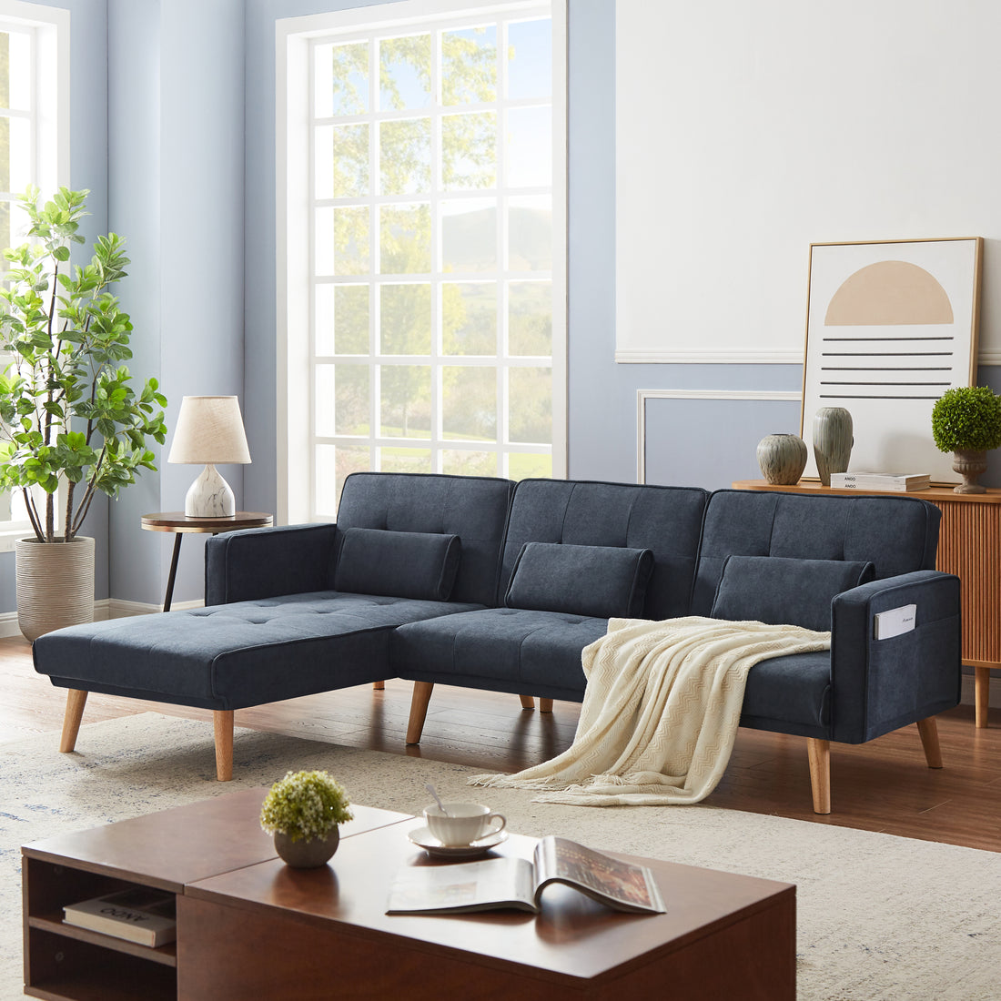 Convertible Sectional Sofa Sleeper, Left Facing L Shaped Sofa Counch For Living Room Dark Gray Foam Linen