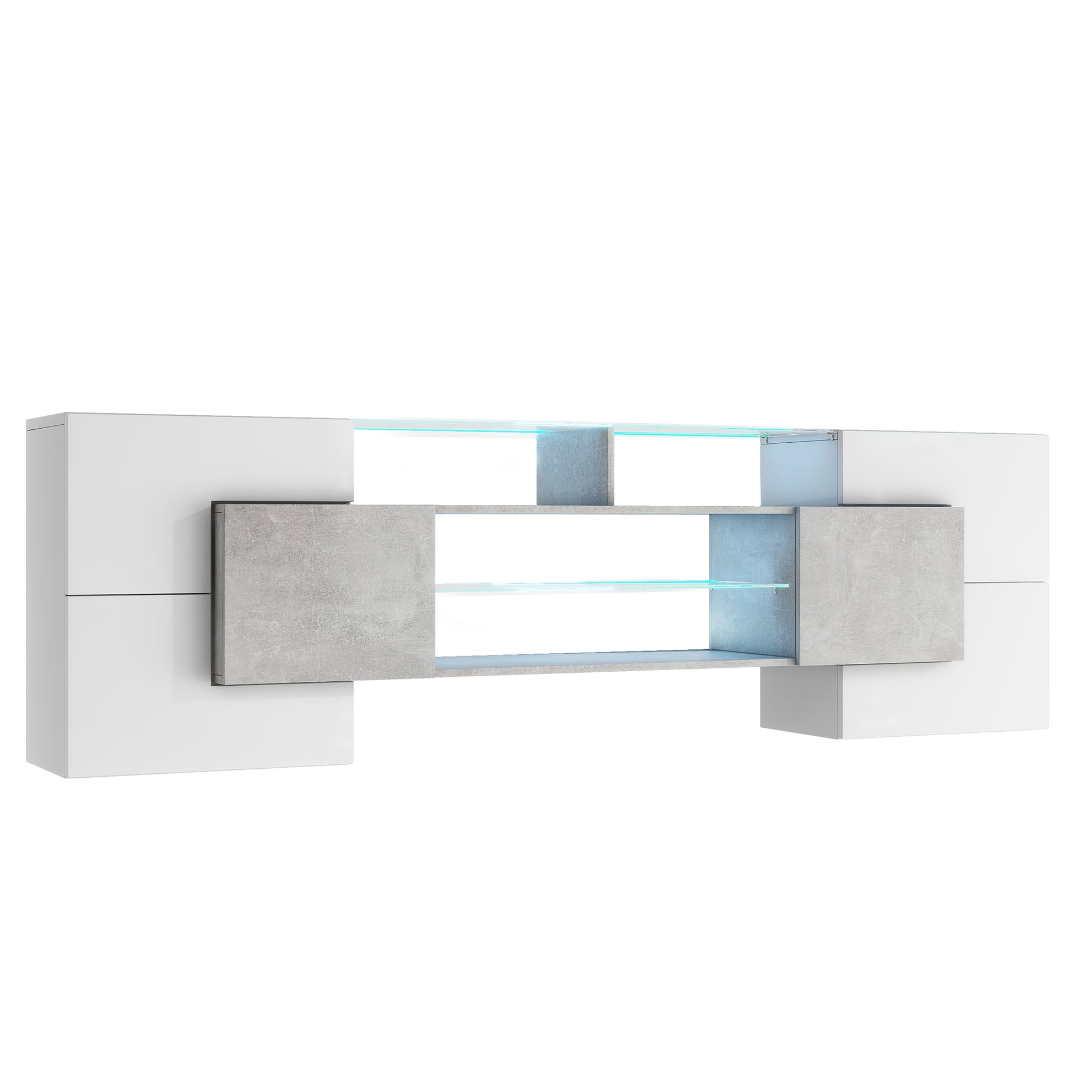 Unique Shape Tv Stand With 2 Illuminated Glass Shelves, High Gloss Entertainment Center For Tvs Up To 88", Versatile Tv Cabinet With Led Color Changing Lights For Living Room, Grey Grey Particle Board