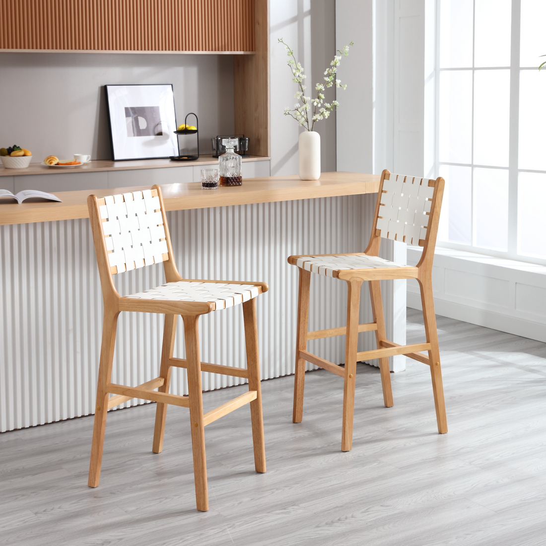 Hengming Saddle Leather Woven Bar Chair With Solid Wood Legs, Suitable For Living Room, Kitchen And Other Leisure Areas White Pvc