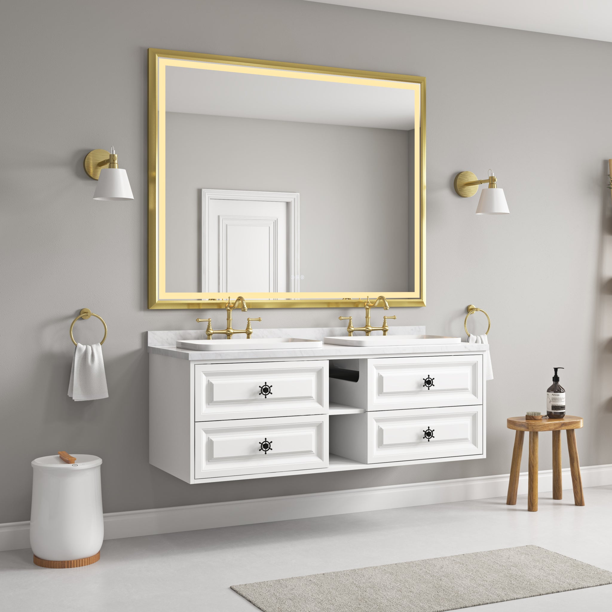 60In. W X 48 In. H Led Lighted Bathroom Wall Mounted Mirror With High Lumen Anti Fog Separately Controlbedroom Full Length Mirror Bathroom Led Mirror Hair Salon Mirror Gold Aluminium