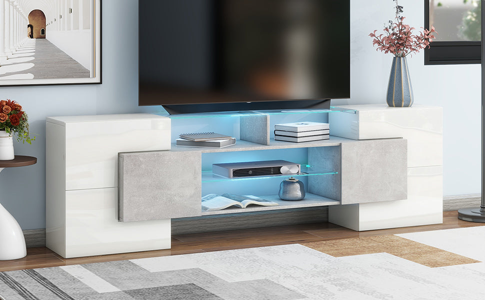 Unique Shape Tv Stand With 2 Illuminated Glass Shelves, High Gloss Entertainment Center For Tvs Up To 88", Versatile Tv Cabinet With Led Color Changing Lights For Living Room, Grey Grey Particle Board