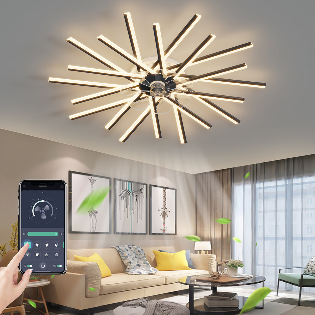 45In Ceiling Fan With Lights Remote Contro Dimmable Led,6 Gear Wind Speed Fan Light Black Modern Acrylic