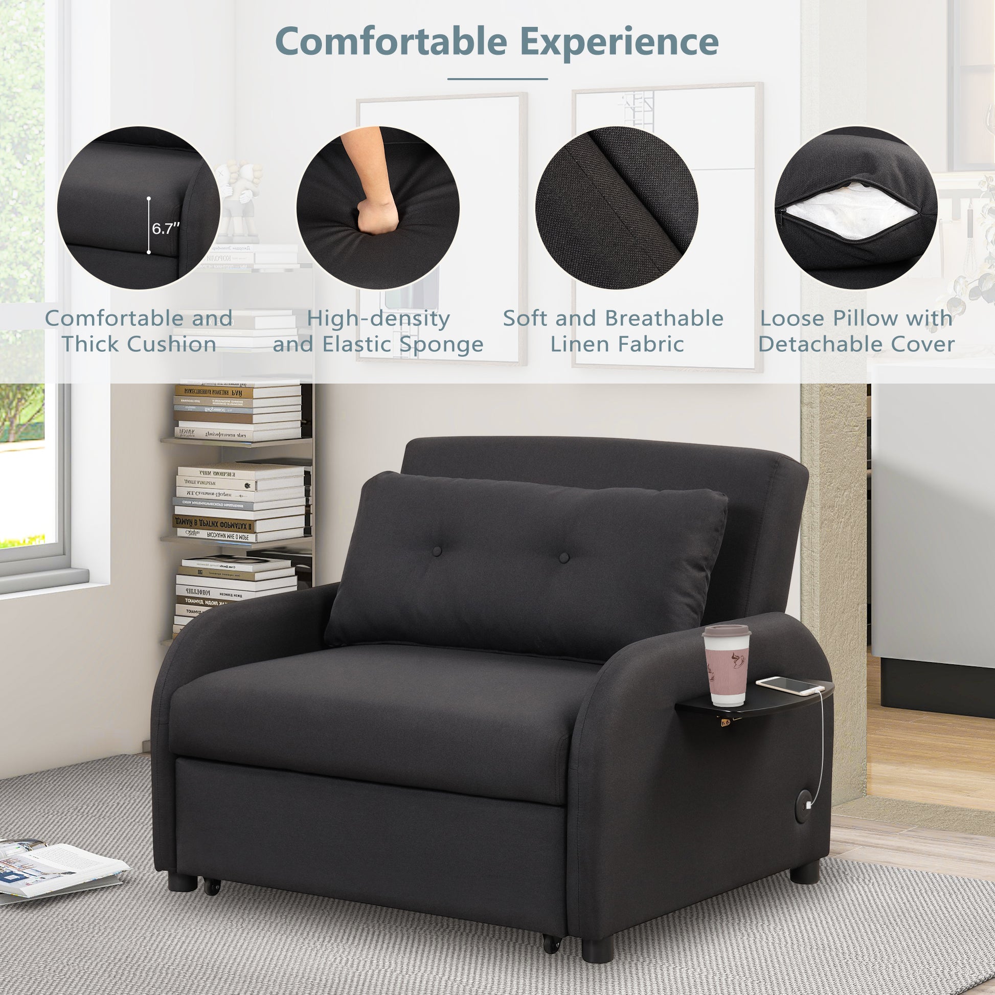 Pull Out Sofa Sleeper 3 In 1 With 2 Wing Table And Usb Charge For Nap Line Fabric For Living Room Recreation Room Black Black Foam Linen