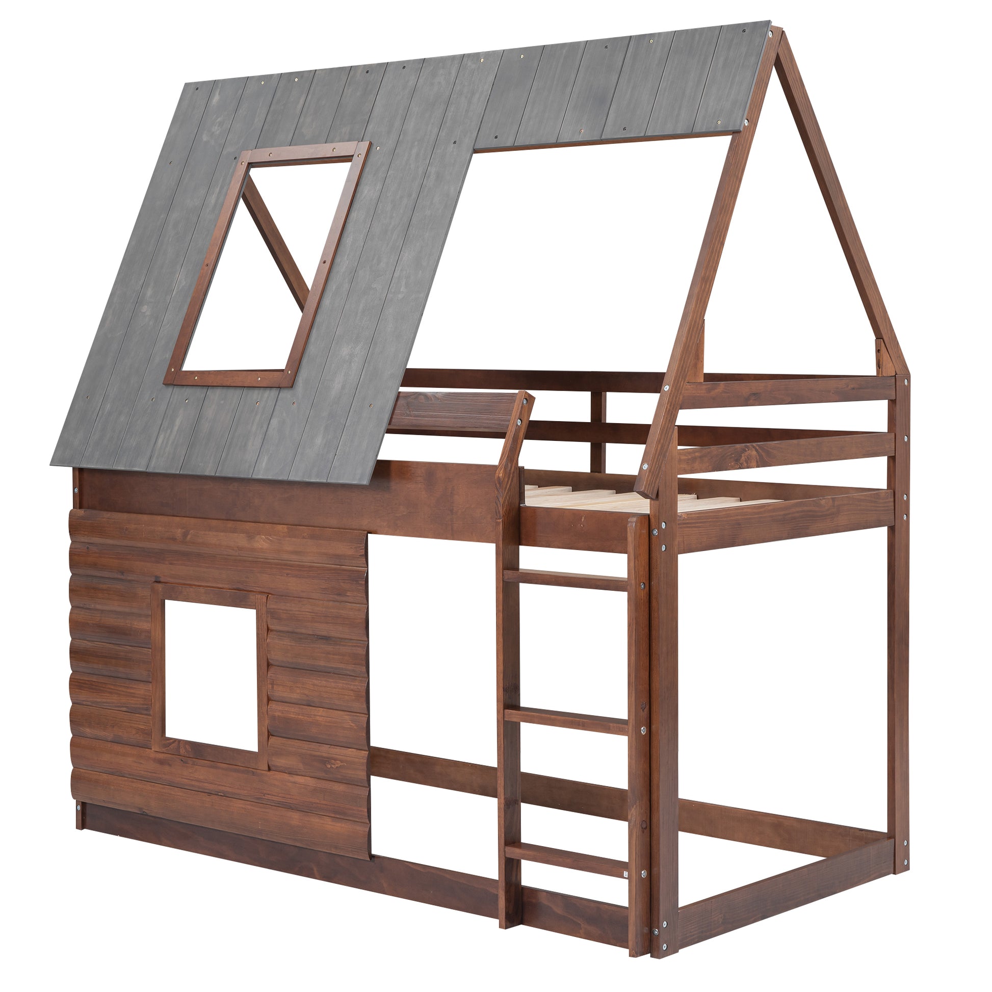 Wood Twin Size House Bunk Bed With Roof, Ladder And 2 Windows, Oak & Smoky Grey Box Spring Not Required Twin Brown Wood Bedroom Pine Solid Wood Mdf