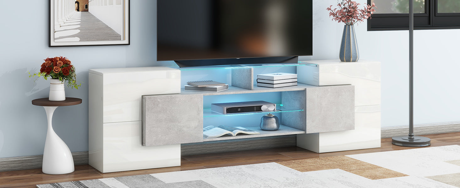 Unique Shape Tv Stand With 2 Illuminated Glass Shelves, High Gloss Entertainment Center For Tvs Up To 88", Versatile Tv Cabinet With Led Color Changing Lights For Living Room, Grey Grey Particle Board