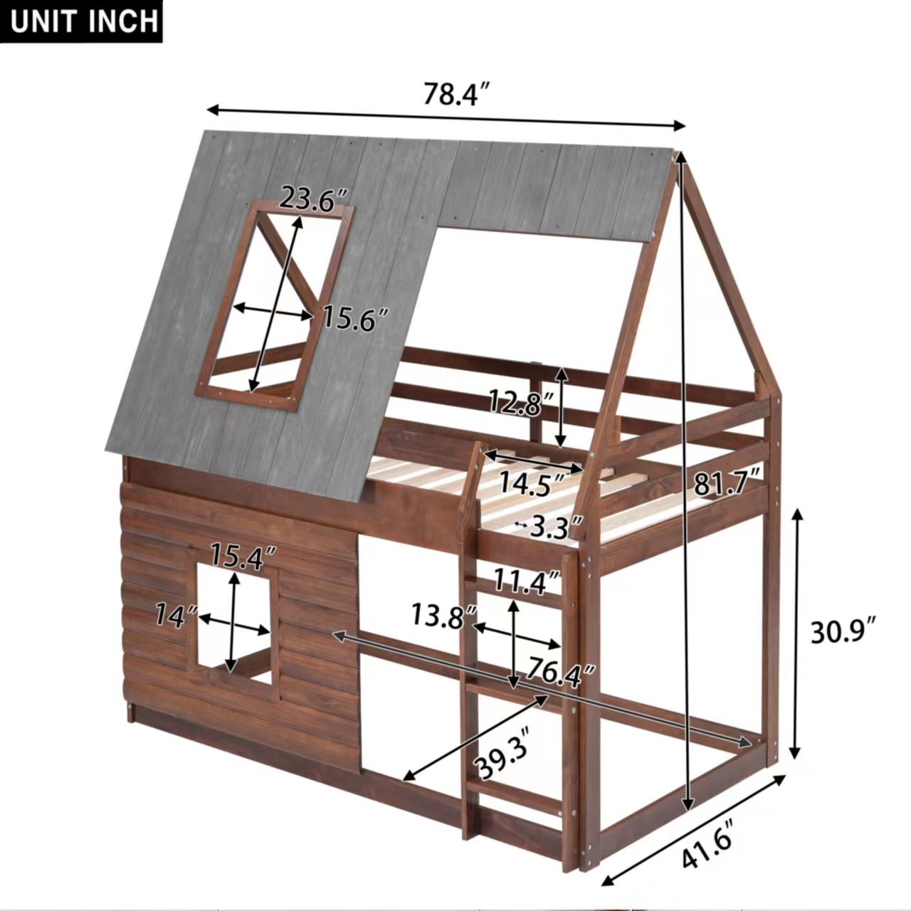 Wood Twin Size House Bunk Bed With Roof, Ladder And 2 Windows, Oak & Smoky Grey Box Spring Not Required Twin Brown Wood Bedroom Pine Solid Wood Mdf