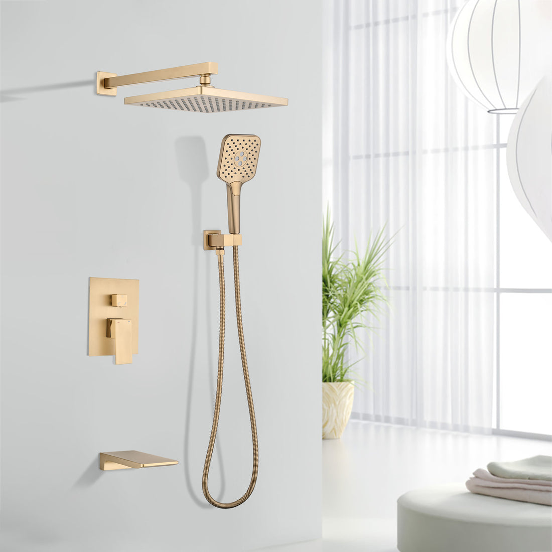 Shower Faucet Set, With Handheld Shower And Rainfall Shower Head Combination Set Wall Mounted Shower System With Tub Spout Brushed Gold Brass