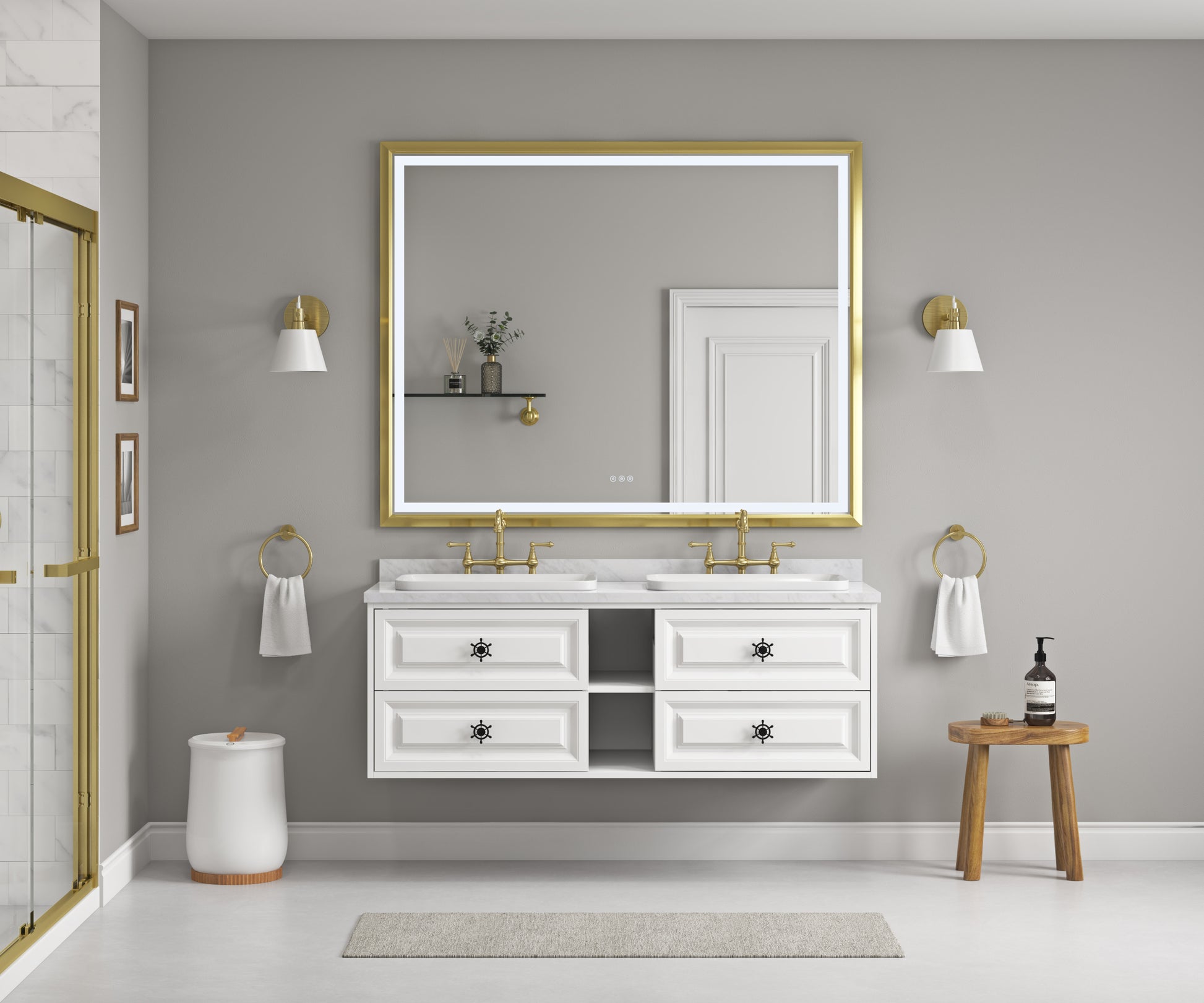 60In. W X 48 In. H Led Lighted Bathroom Wall Mounted Mirror With High Lumen Anti Fog Separately Controlbedroom Full Length Mirror Bathroom Led Mirror Hair Salon Mirror Gold Aluminium