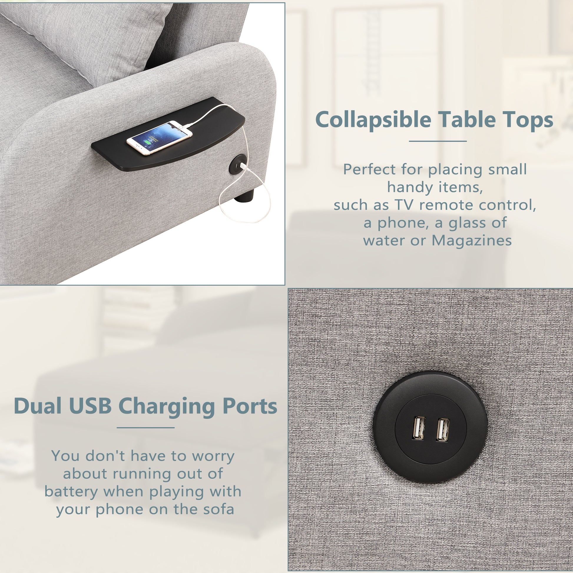 Pull Out Sofa Sleeper 3 In 1 With 2 Wing Table And Usb Charge For Nap Line Fabric For Living Room Recreation Room Grey Gray Foam Linen