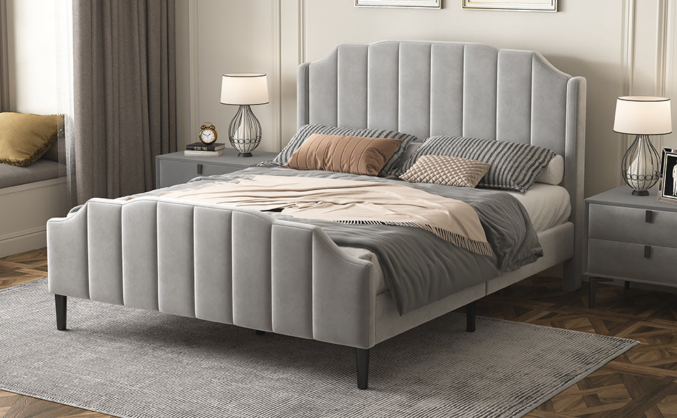 Queen Size Upholstered Platform Bed With Headboard And Footboard,No Box Spring Needed, Velvet Fabric,Gray Gray Velvet
