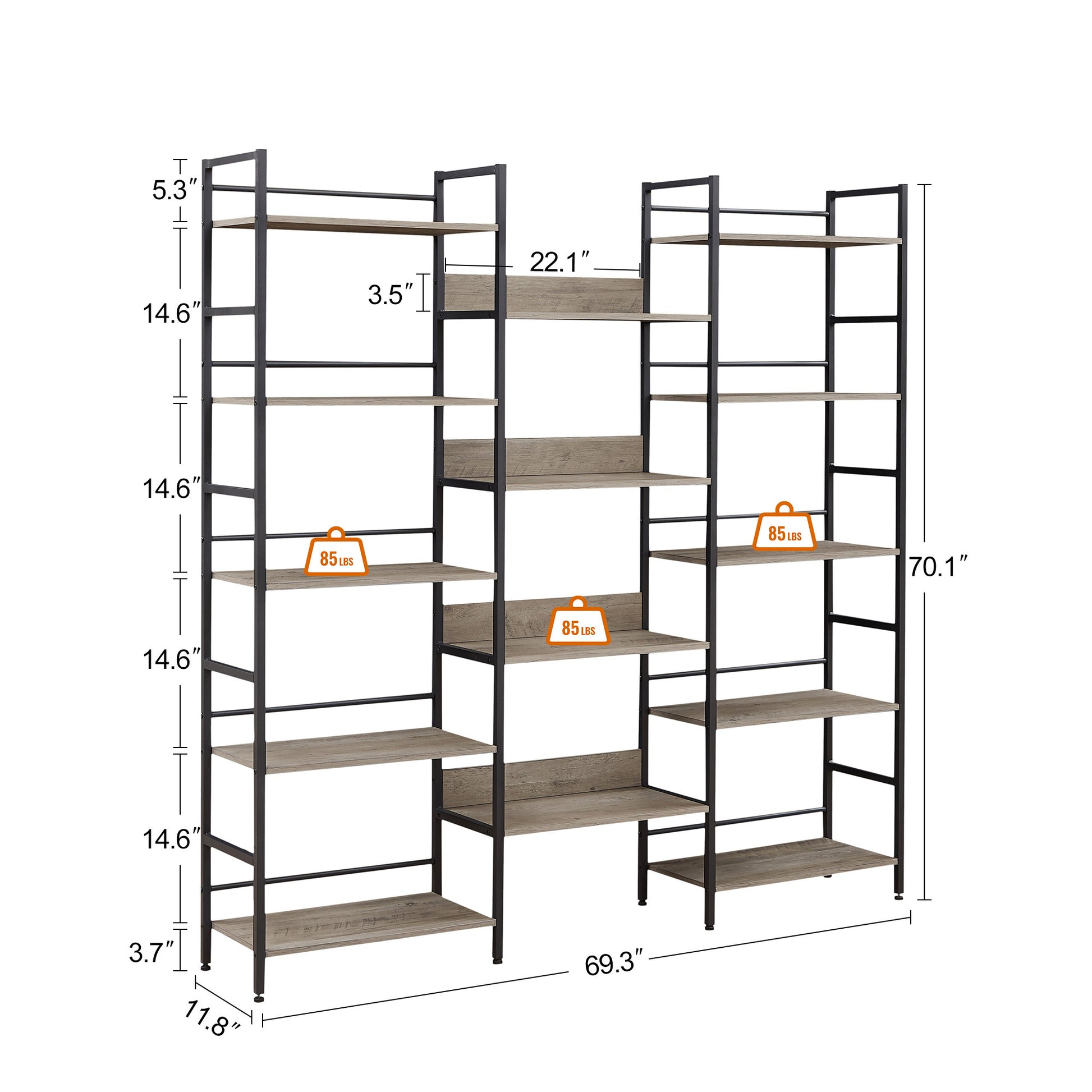 Triple Wide 5 Shelf Bookshelves Industrial Retro Wooden Style Home And Office Large Open Bookshelves, Grey, 69.3"W X 11.8"D X 70.1"H Grey Particle Board