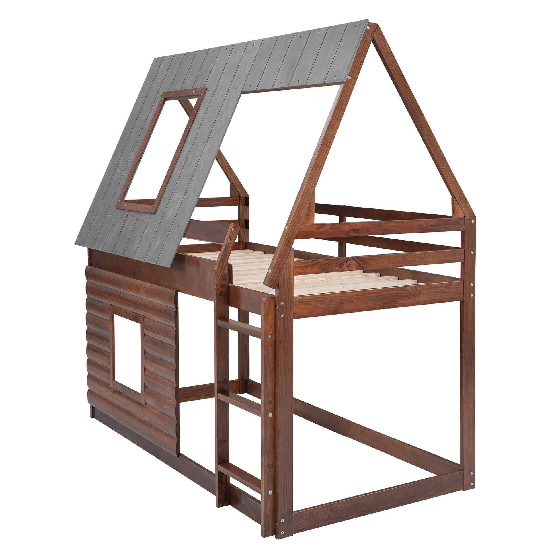 Wood Twin Size House Bunk Bed With Roof, Ladder And 2 Windows, Oak & Smoky Grey Box Spring Not Required Twin Brown Wood Bedroom Pine Solid Wood Mdf