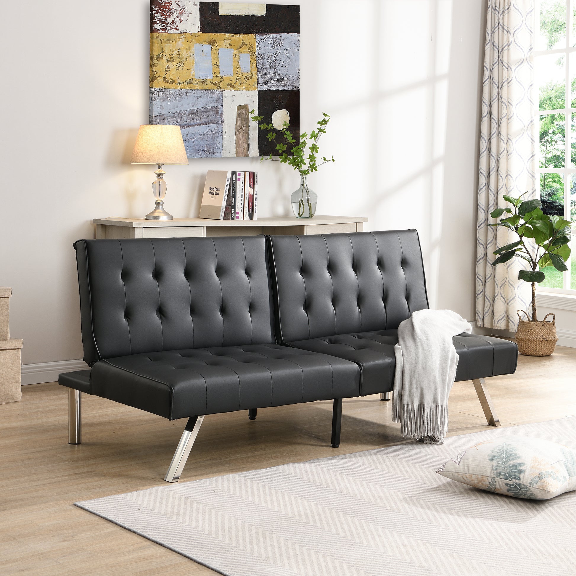 Sofa Bed Black Pvc Black Leather