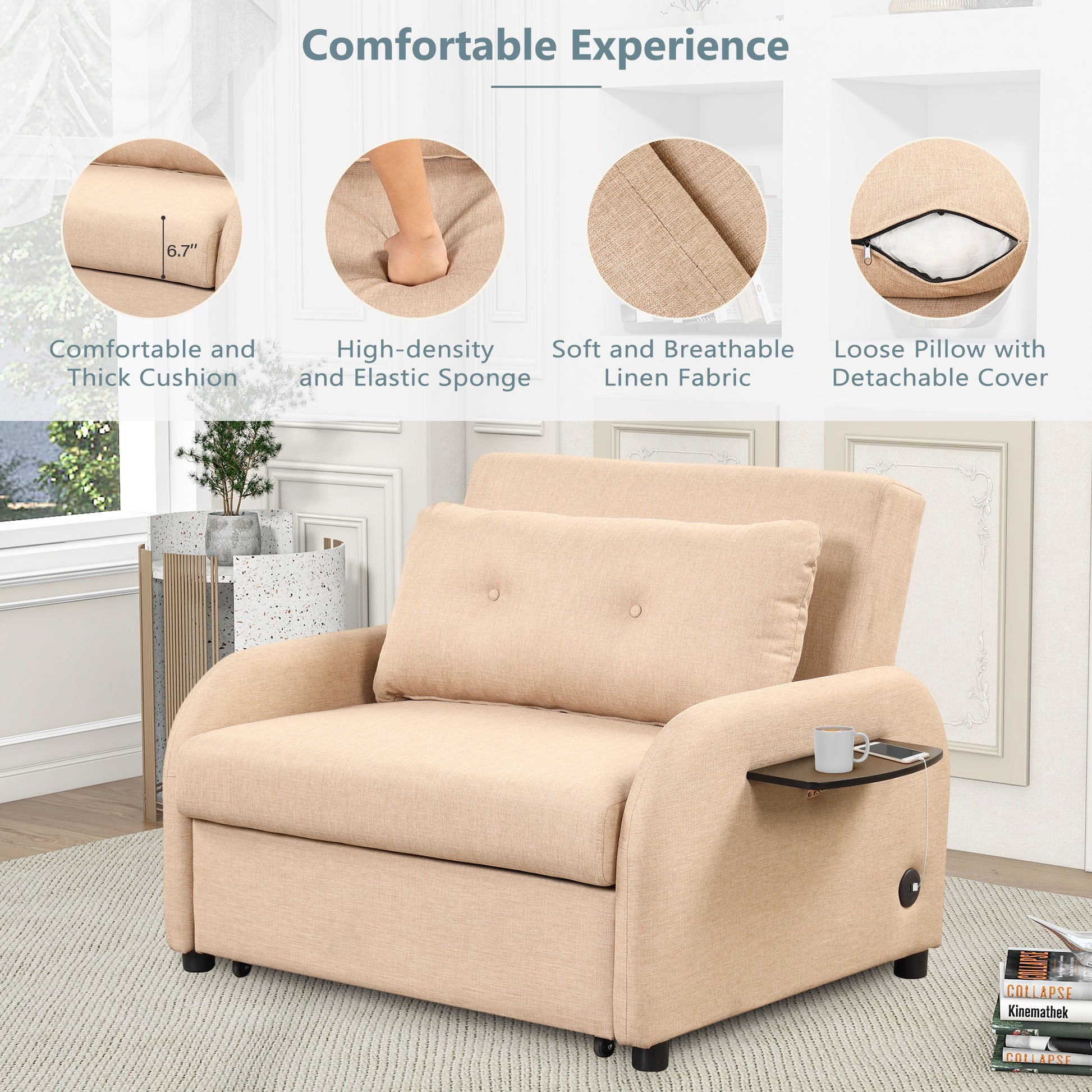 Pull Out Sofa Sleeper 3 In 1 With 2 Wing Table And Usb Charge For Nap Line Fabric For Living Room Recreation Room Beige Beige Foam Linen