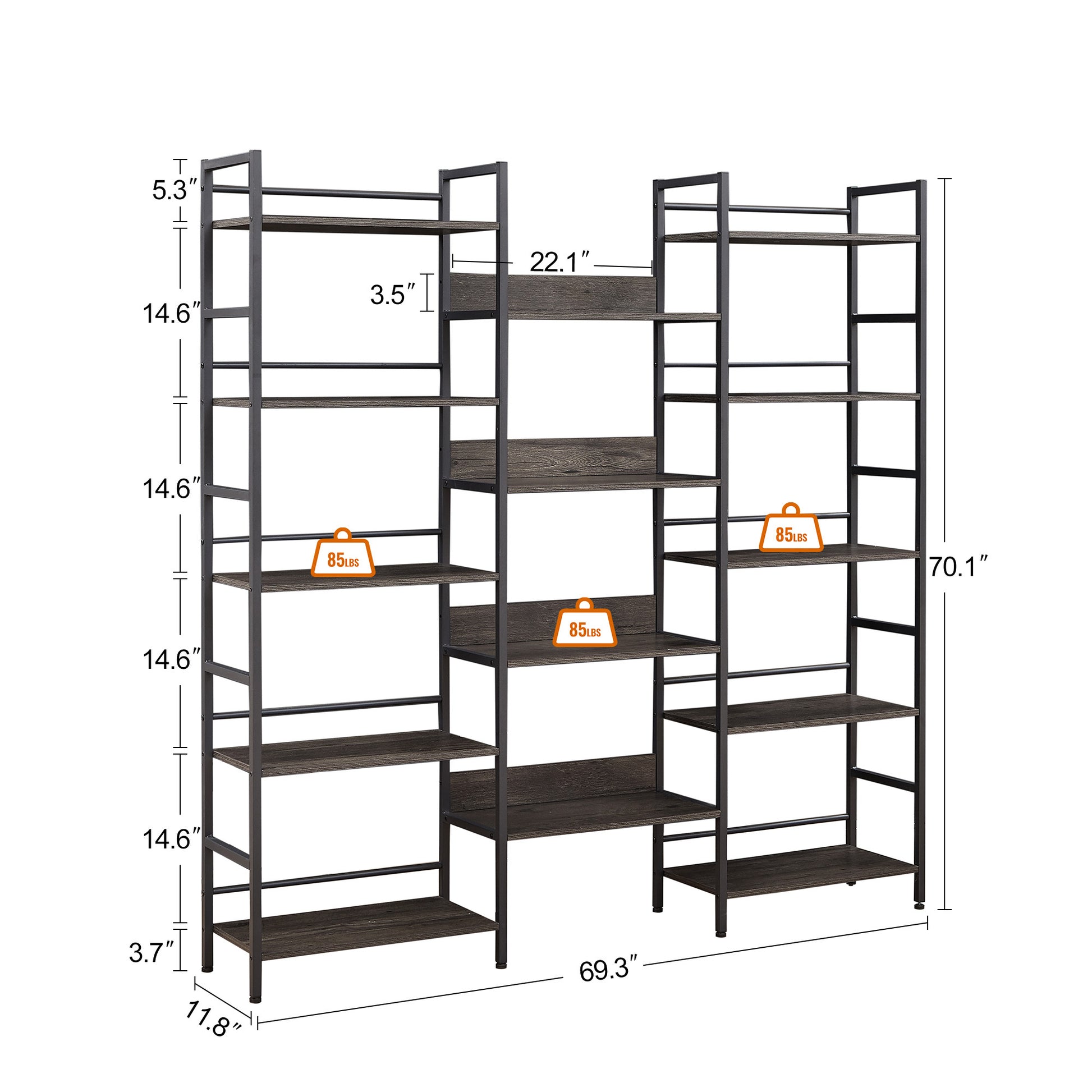 Triple Wide 5 Shelf Bookshelves Industrial Retro Wooden Style Home And Office Large Open Bookshelves, Dark Grey, 69.3"W X 11.8"D X 70.1"H Dark Grey Particle Board