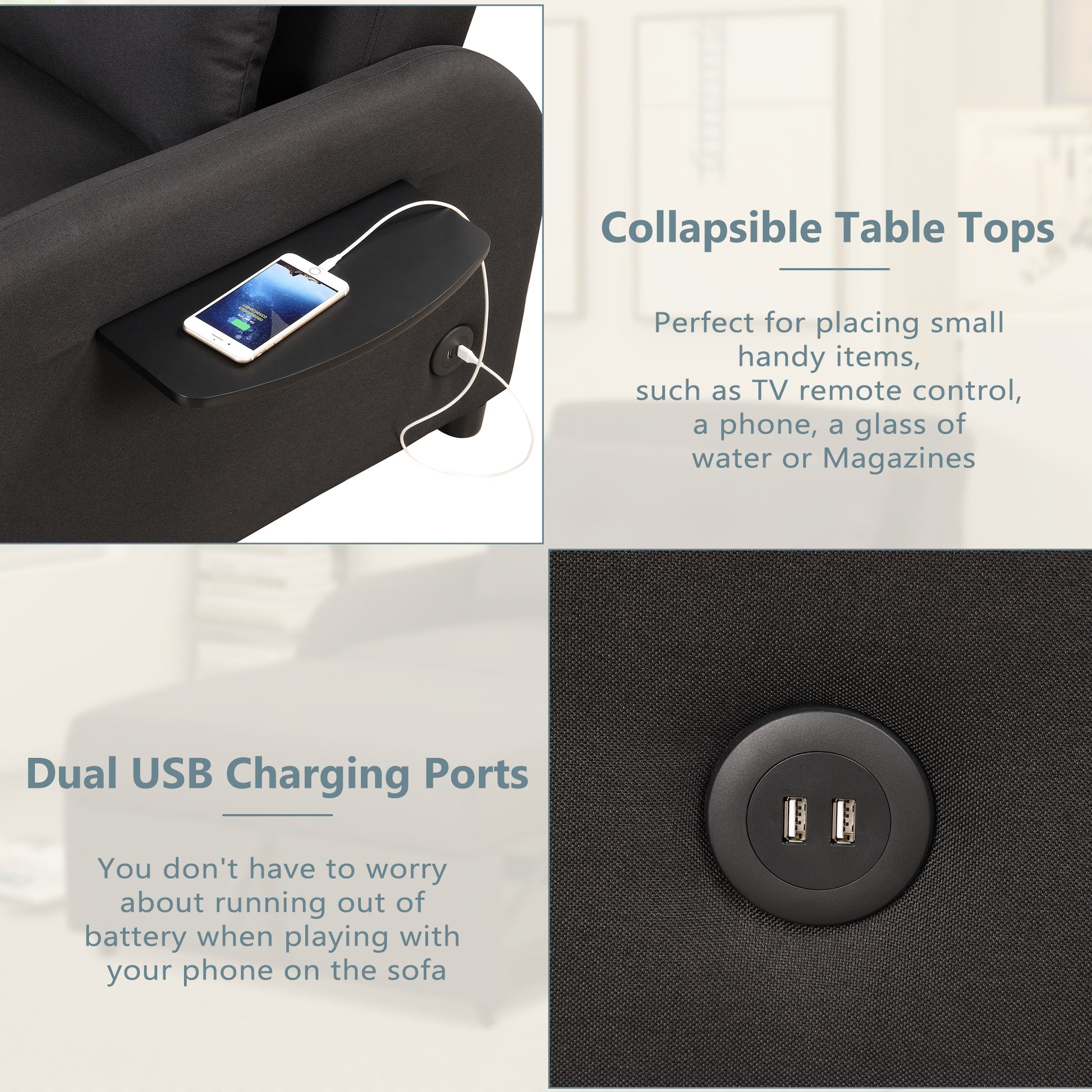 Pull Out Sofa Sleeper 3 In 1 With 2 Wing Table And Usb Charge For Nap Line Fabric For Living Room Recreation Room Black Black Foam Linen