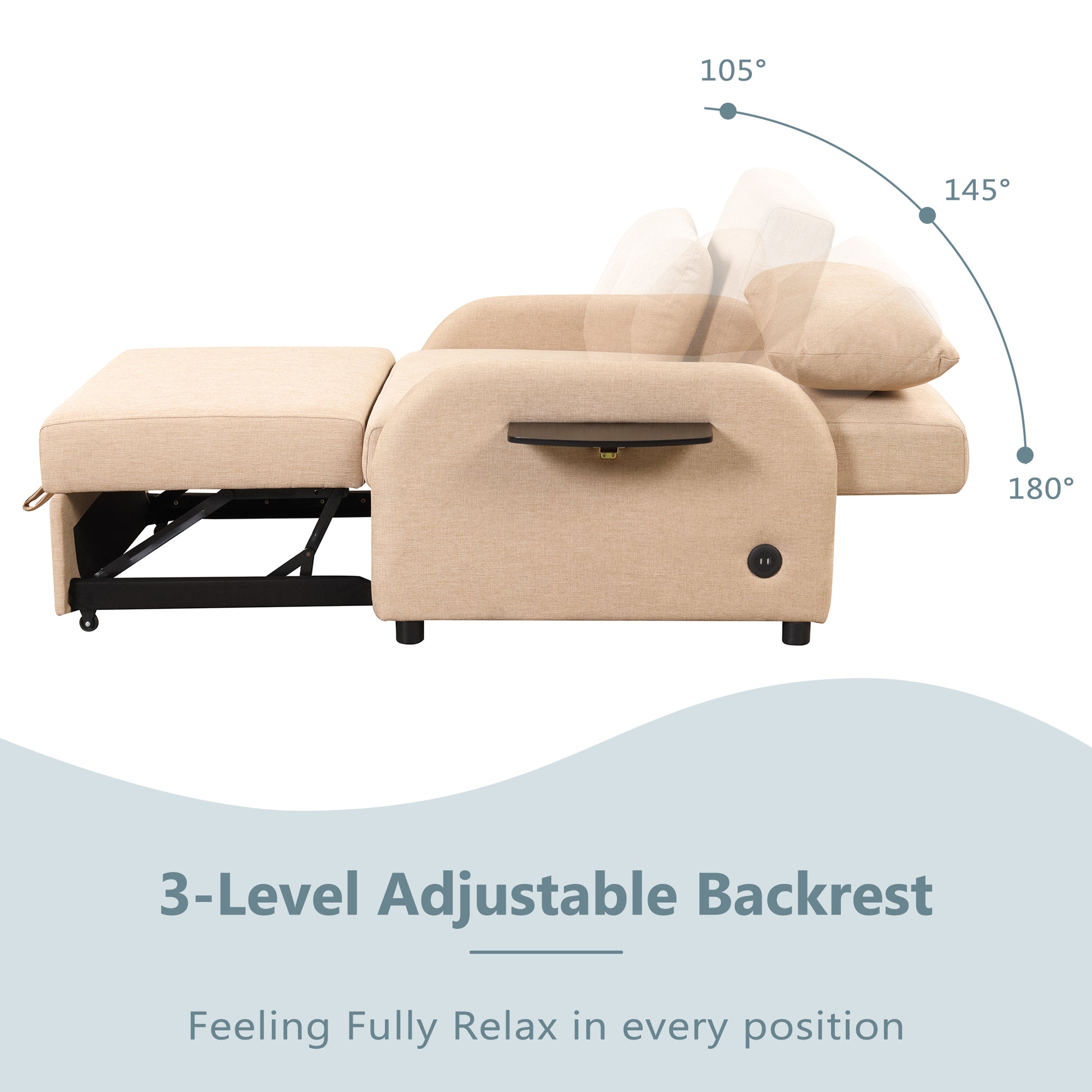 Pull Out Sofa Sleeper 3 In 1 With 2 Wing Table And Usb Charge For Nap Line Fabric For Living Room Recreation Room Beige Beige Foam Linen