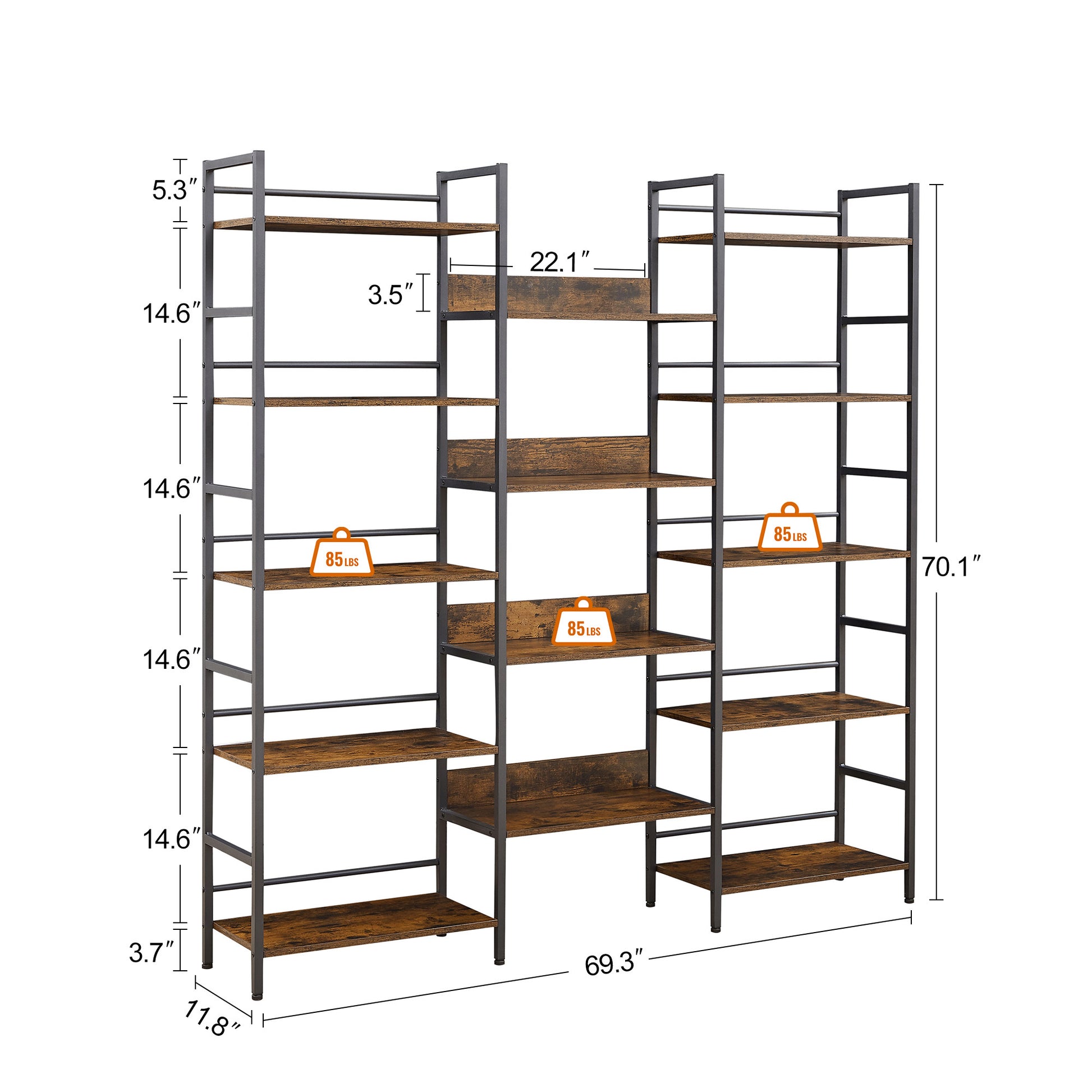 Triple Wide 5 Shelf Bookshelves Industrial Retro Wooden Style Home And Office Large Open Bookshelves, Rustic Brown 69.3 W X 11.8 D X 70.1 H Rustic Brown Particle Board