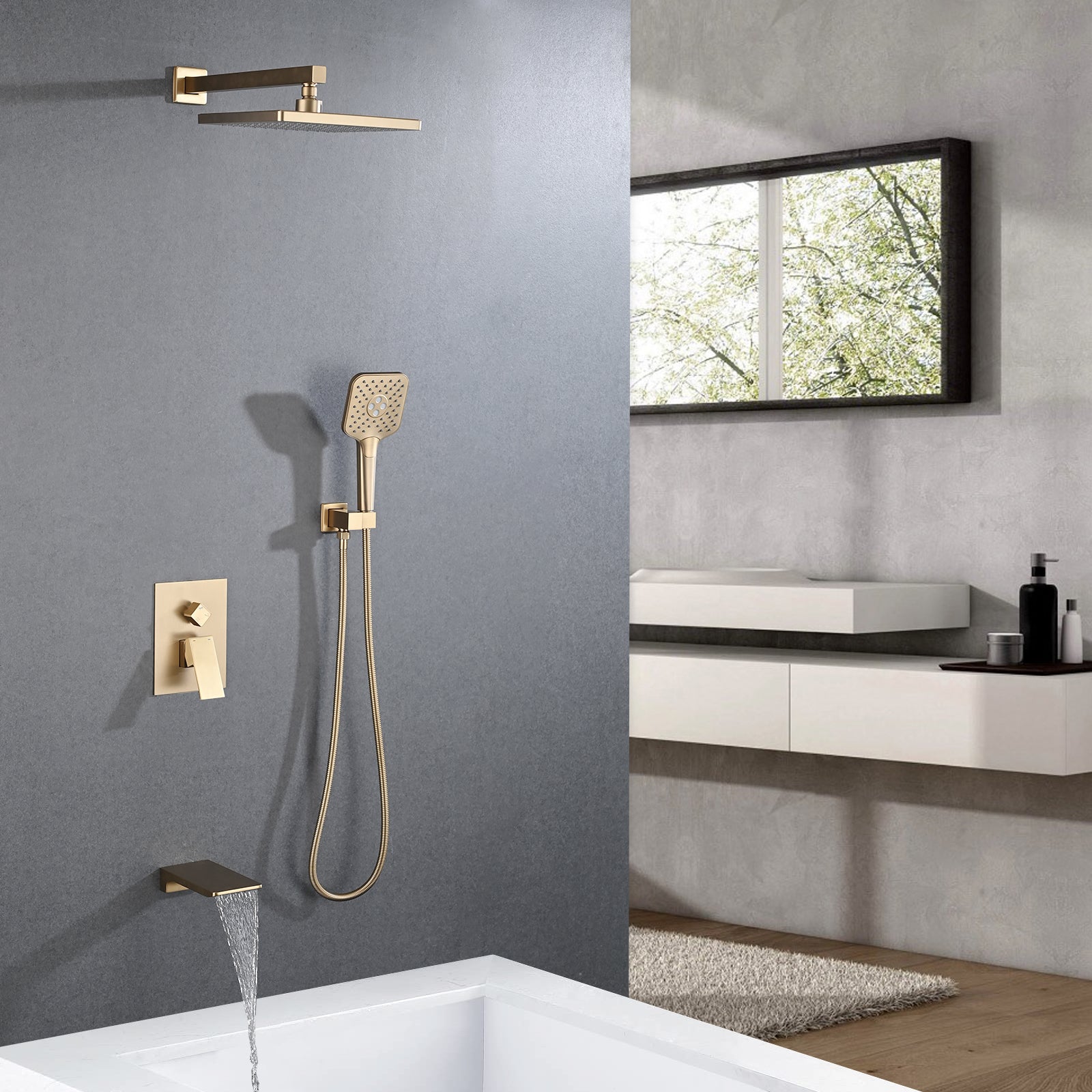 Shower Faucet Set, With Handheld Shower And Rainfall Shower Head Combination Set Wall Mounted Shower System With Tub Spout Brushed Gold Brass