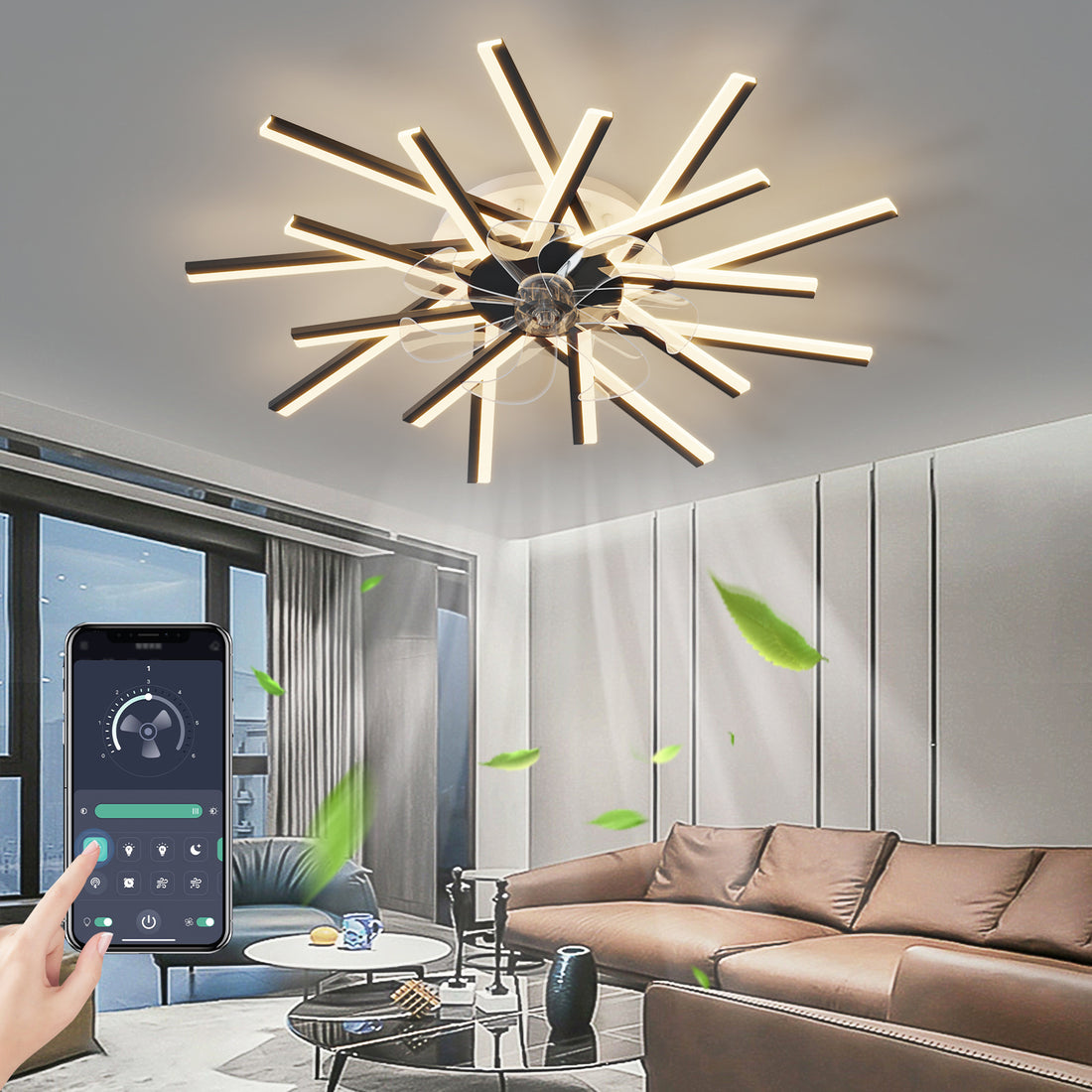 36In Ceiling Fan With Lights Remote Contro Dimmable Led,6 Gear Wind Speed Fan Light Black Modern Acrylic