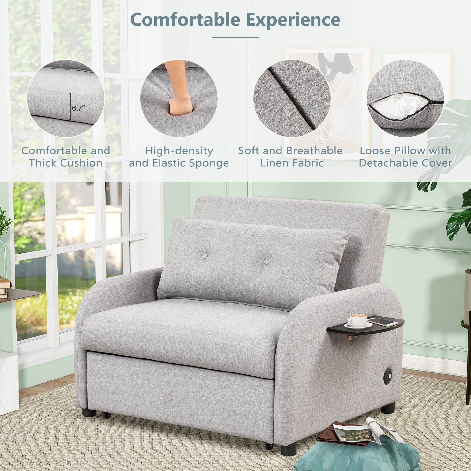 Pull Out Sofa Sleeper 3 In 1 With 2 Wing Table And Usb Charge For Nap Line Fabric For Living Room Recreation Room Grey Gray Foam Linen