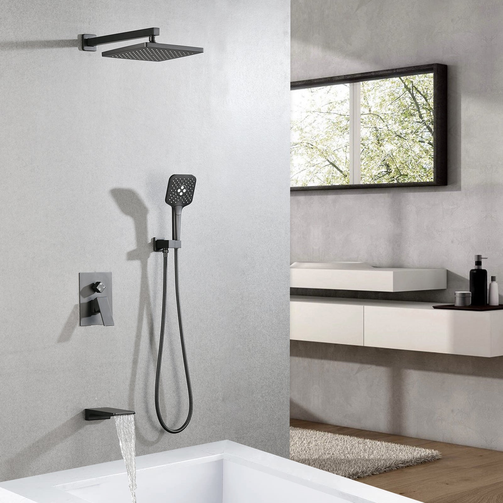 Shower Faucet Set, With Handheld Shower And Rainfall Shower Head Combination Set Wall Mounted Shower System With Tub Spout Matt Black Brass