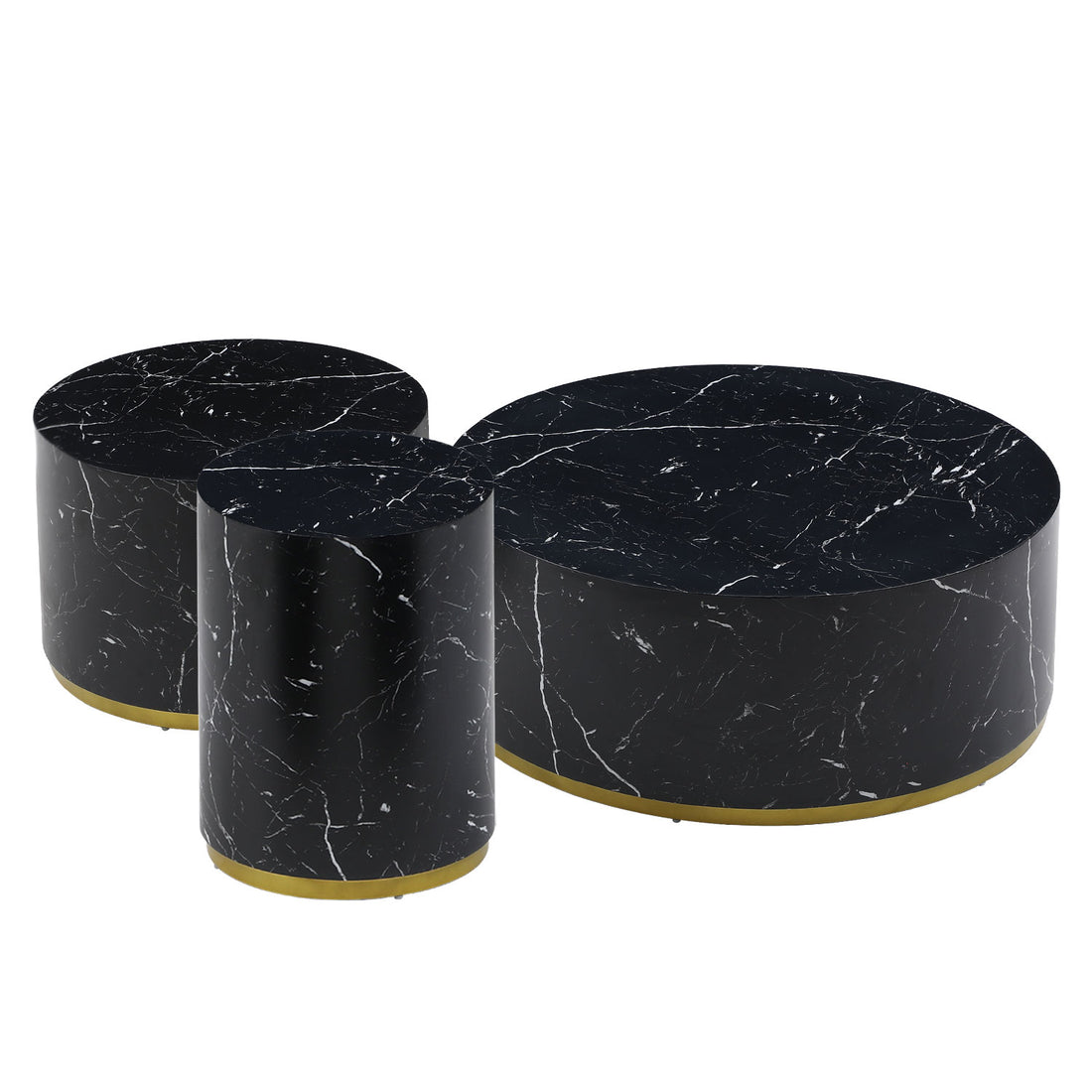 Set Of 3 Black Marble Pattern Round Coffee Table Side Table End Table Set For Living Room Fully Assembled Black Mdf