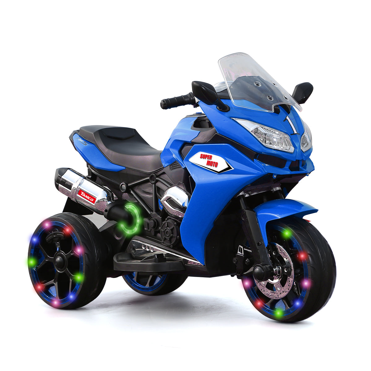 Tamco 12V Kids Electric Motorcycle Ride On Motorcycle, Three Lighting Wheels Kids Electric Motorcycle Electric Ride On Car Blue 50 99 Lbs Plastic Indoor & Outdoor Use