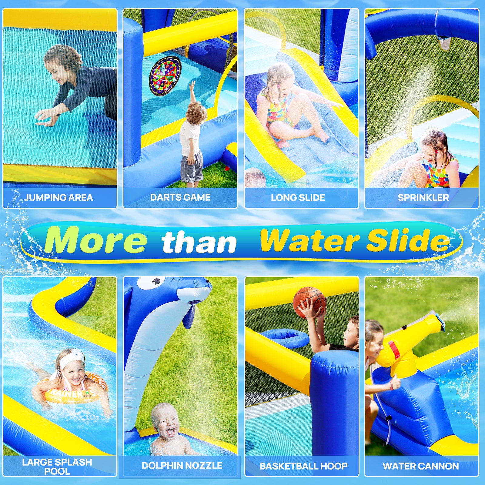 6 In1 Inflatable Slide Water Park Trampoline Bouncing House Outdoor Garden With Dolphin Sprinkler & Target Games & Water& Basketball Multicolor Oxford Fabric