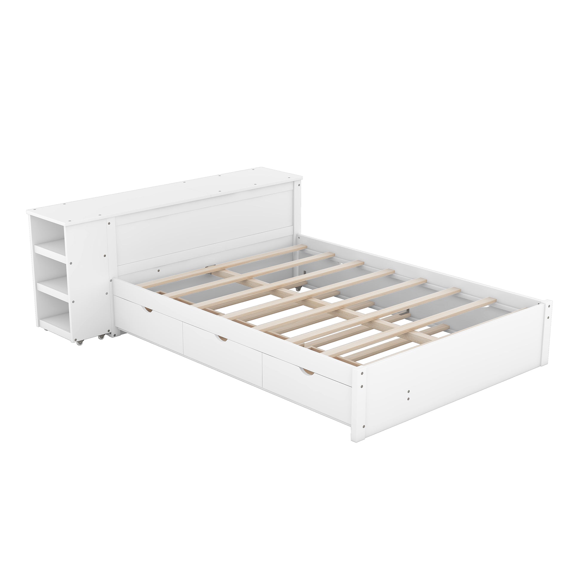 Full Size Platform Bed With A Rolling Shelf, White White Solid Wood Mdf