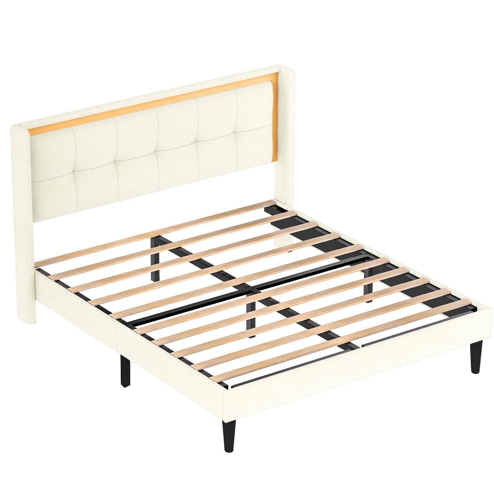 Queen Size Upholstered Bed With Headboard, Sturdy Wooden Slats, High Load Bearing Capacity, Non Slip And Noiseless, No Springs, Easy To Assemble, Beige White Wood