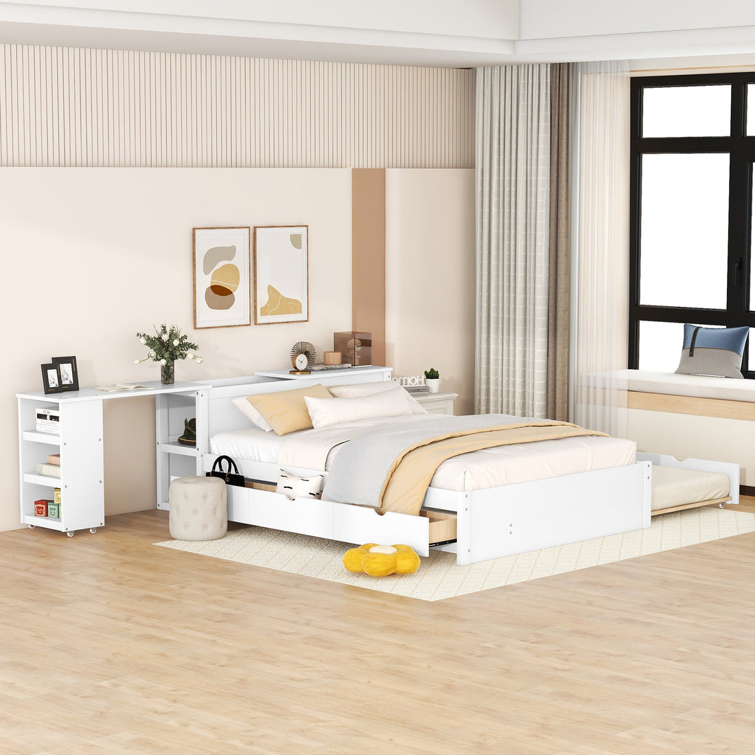 Full Size Platform Bed With A Rolling Shelf, White White Solid Wood Mdf