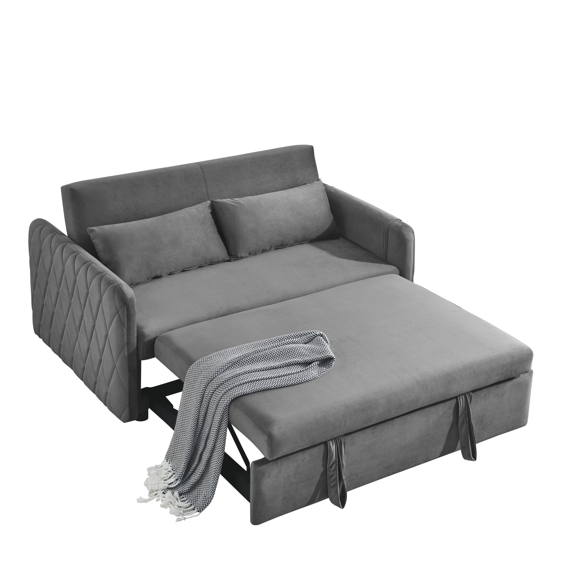 55" Modern Convertible Sofa Bed With 2 Detachable Arm Pockets, Velvet Loveseat Sofa With Pull Out Bed, 2 Pillows And Living Room Adjustable Backrest, Grid Design Armrests Grey Foam Velvet