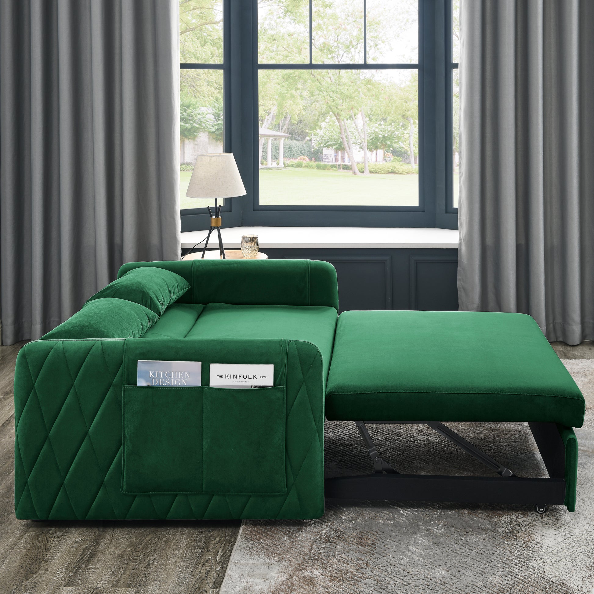 55" Modern Convertible Sofa Bed With 2 Detachable Arm Pockets, Velvet Loveseat Sofa With Pull Out Bed, 2 Pillows And Living Room Adjustable Backrest, Grid Design Armrests Green Foam Velvet