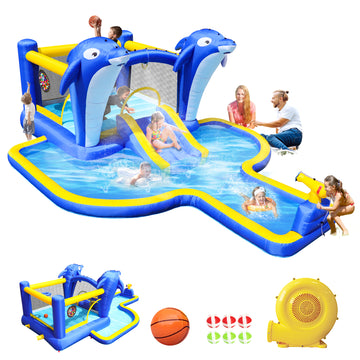 6 In1 Inflatable Slide Water Park Trampoline Bouncing House Outdoor Garden With Dolphin Sprinkler & Target Games & Water& Basketball Multicolor Oxford Fabric