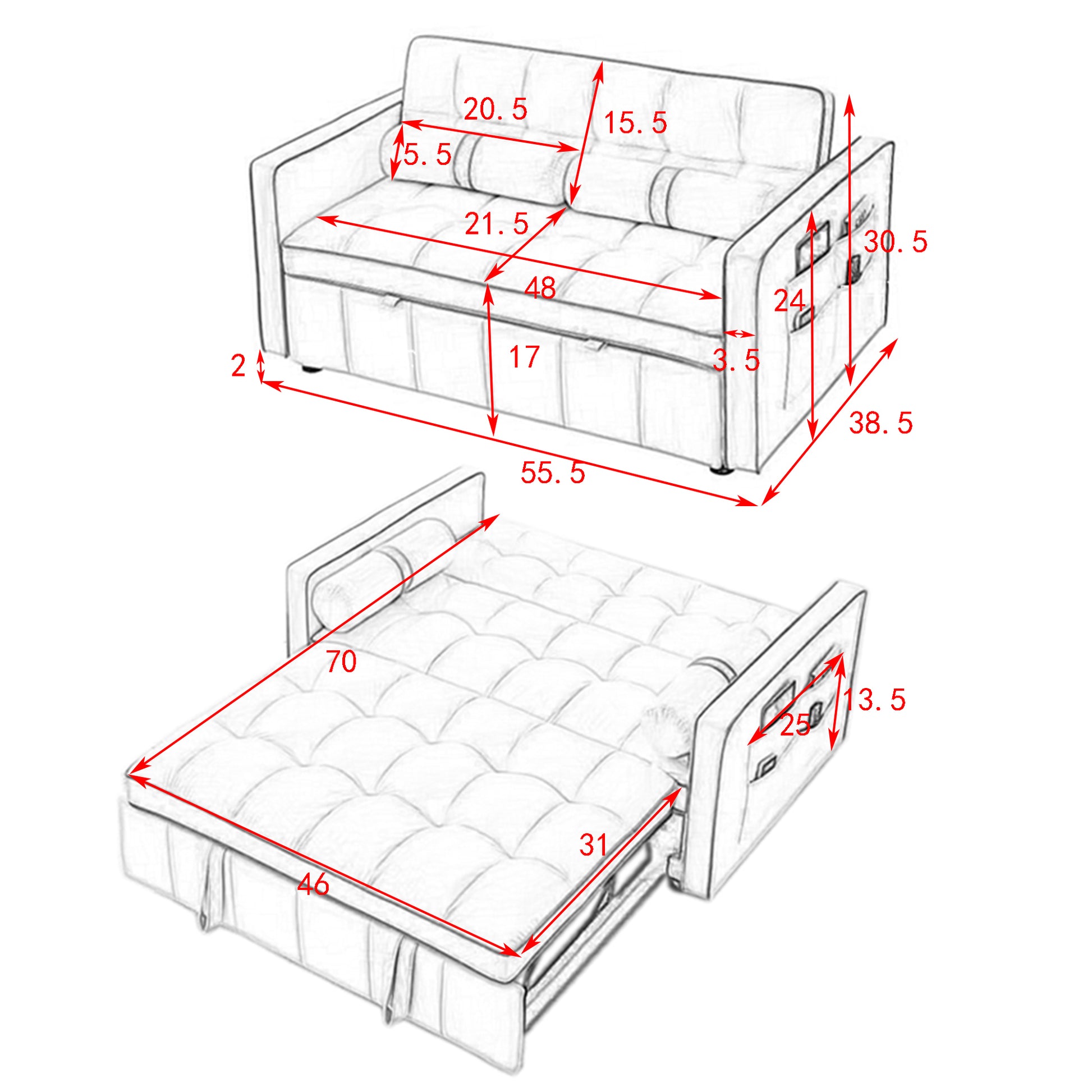 Modern 55.5" Pull Out Sleep Sofa Bed 2 Seater Loveseats Sofa Couch With Side Pockets, Adjsutable Backrest And Lumbar Pillows For Apartment Office Living Room Black Foam Velvet