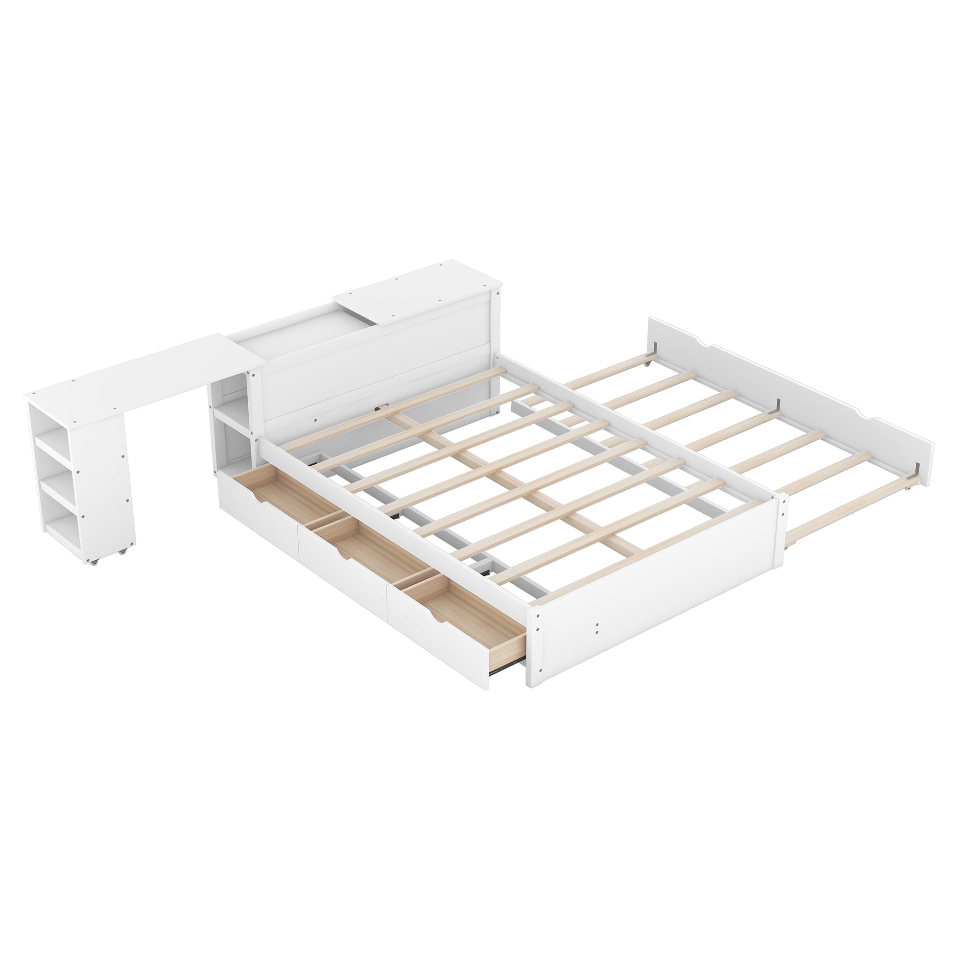 Full Size Platform Bed With A Rolling Shelf, White White Solid Wood Mdf