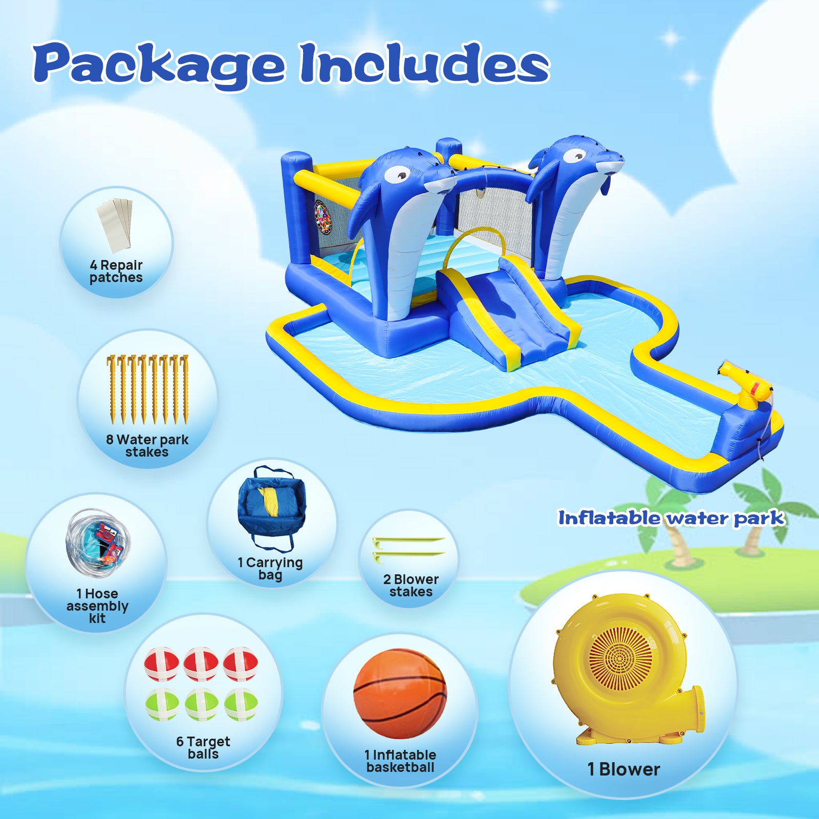 6 In1 Inflatable Slide Water Park Trampoline Bouncing House Outdoor Garden With Dolphin Sprinkler & Target Games & Water& Basketball Multicolor Oxford Fabric