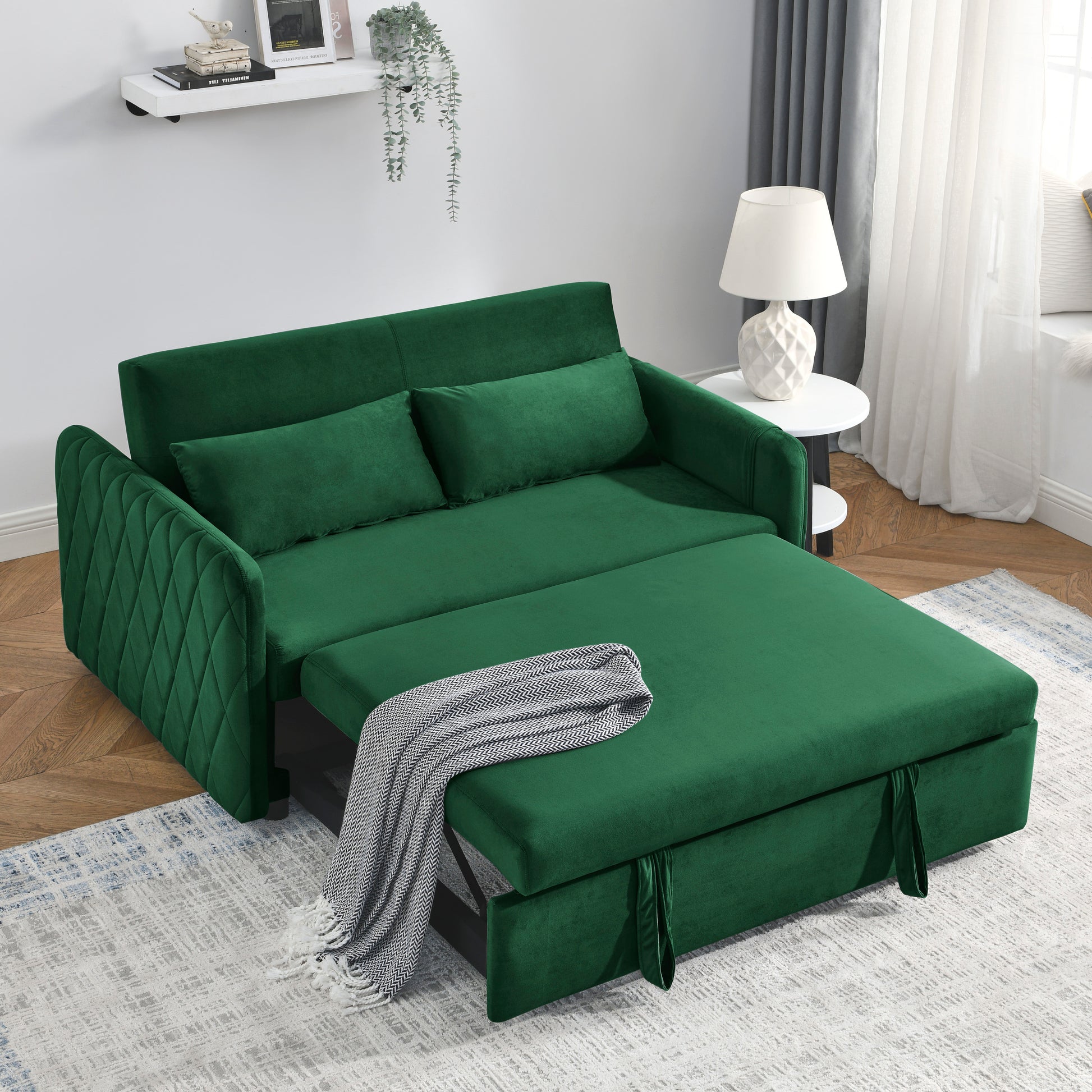 55" Modern Convertible Sofa Bed With 2 Detachable Arm Pockets, Velvet Loveseat Sofa With Pull Out Bed, 2 Pillows And Living Room Adjustable Backrest, Grid Design Armrests Green Foam Velvet