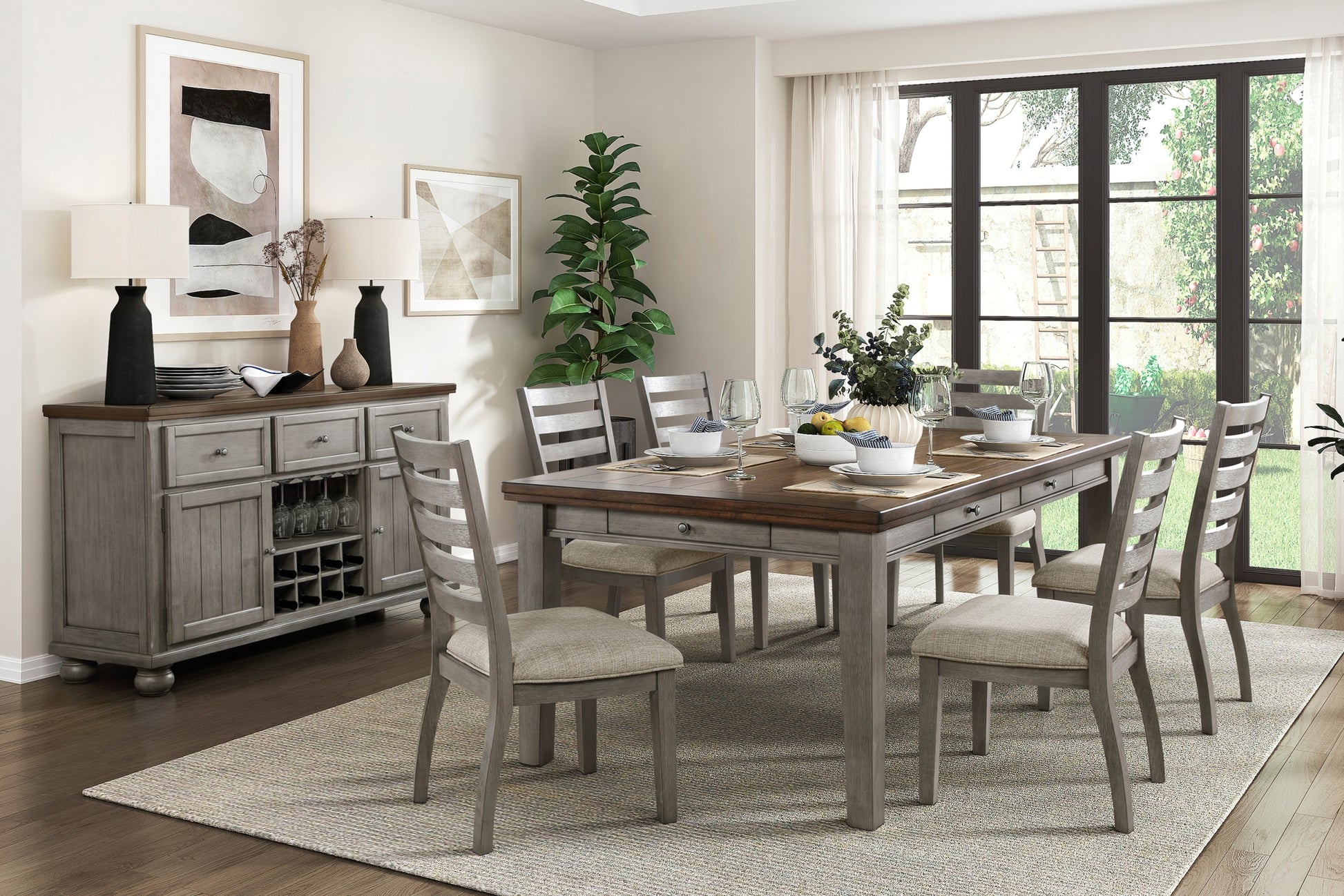 Traditional Style Dining Table With 6X Drawers Gray And Cherry Finish Wooden Dining Room Furniture Gray Wood