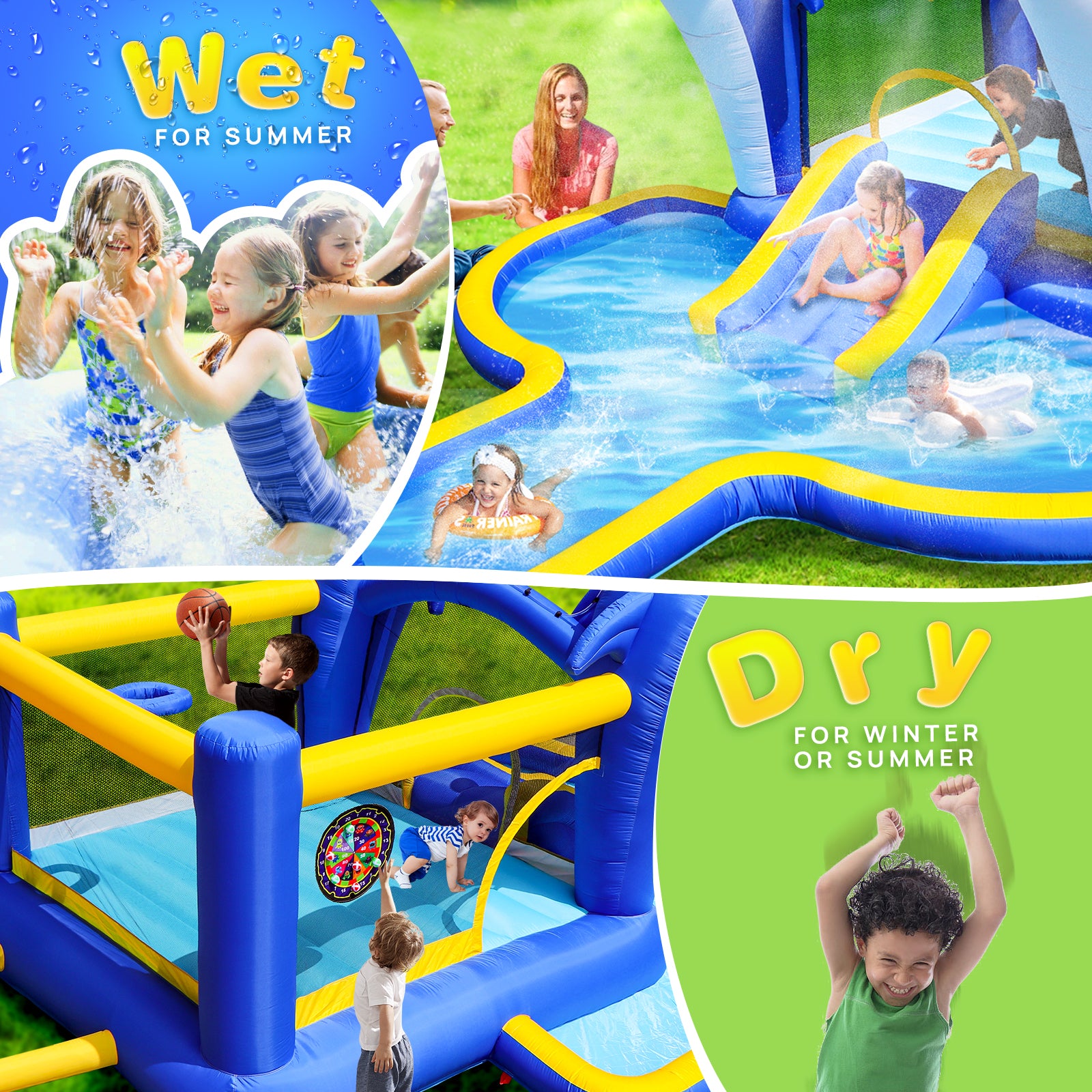 6 In1 Inflatable Slide Water Park Trampoline Bouncing House Outdoor Garden With Dolphin Sprinkler & Target Games & Water& Basketball Multicolor Oxford Fabric