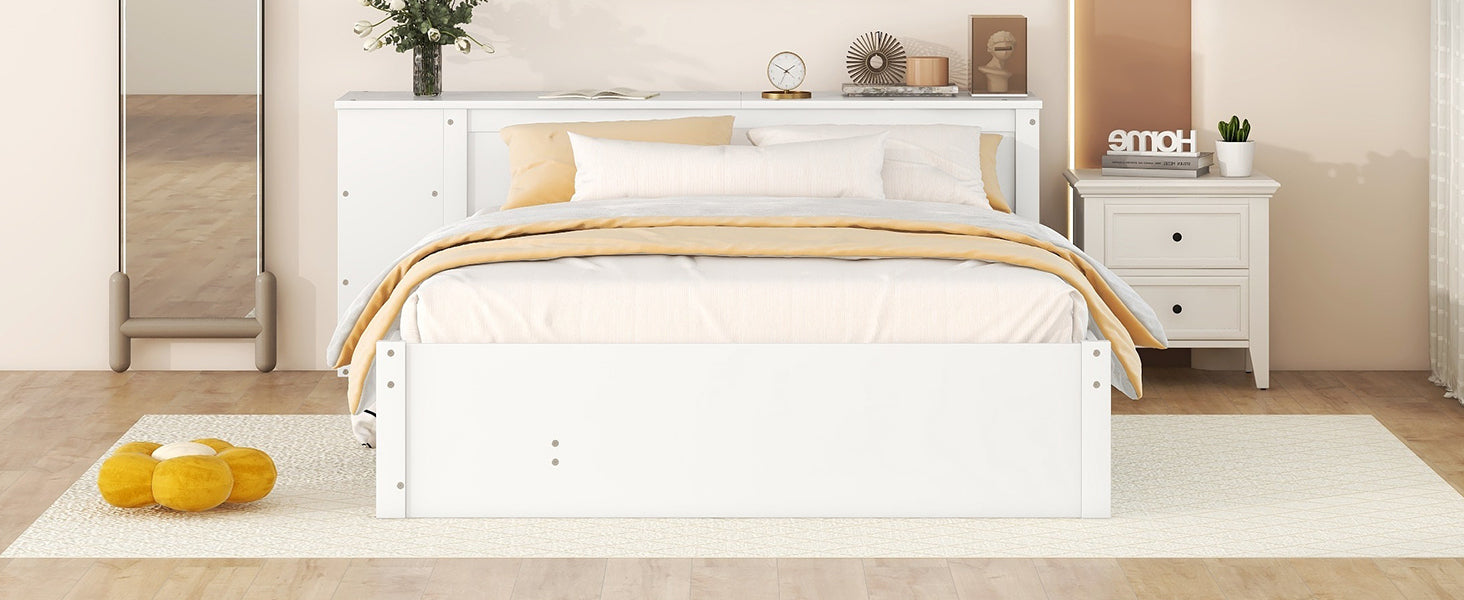 Full Size Platform Bed With A Rolling Shelf, White White Solid Wood Mdf