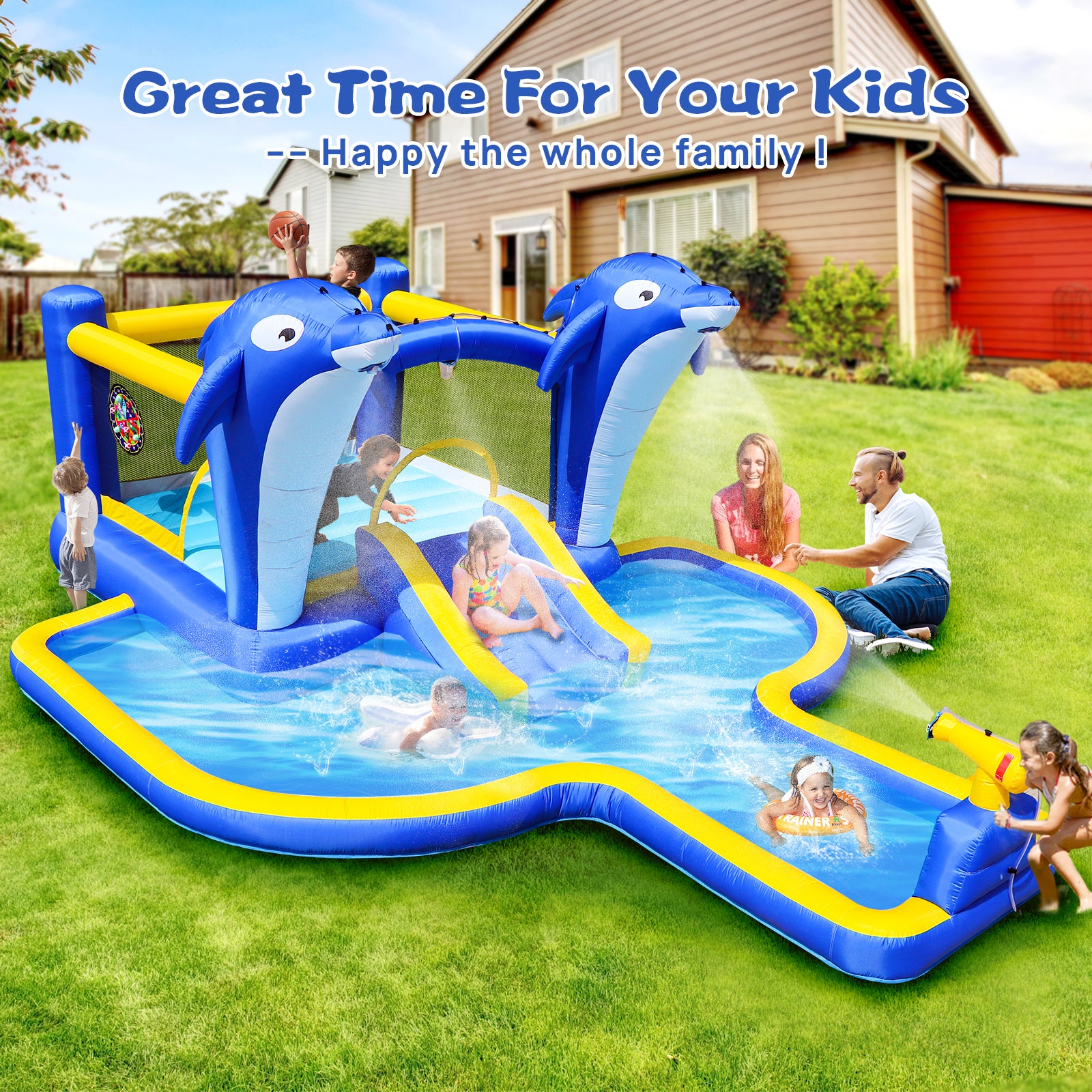 6 In1 Inflatable Slide Water Park Trampoline Bouncing House Outdoor Garden With Dolphin Sprinkler & Target Games & Water& Basketball Multicolor Oxford Fabric